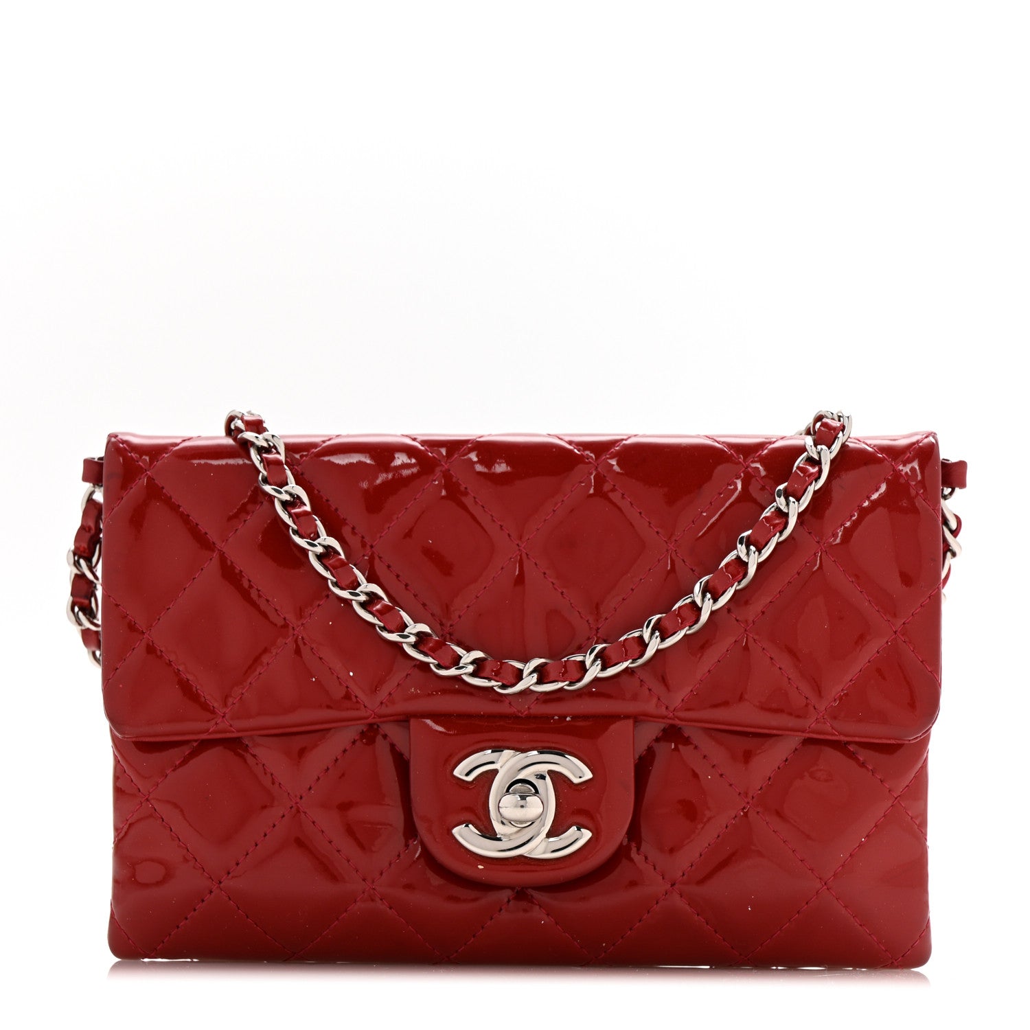 Chanel Patent Quilted Mini Flap Clutch With Chain Red 1755565