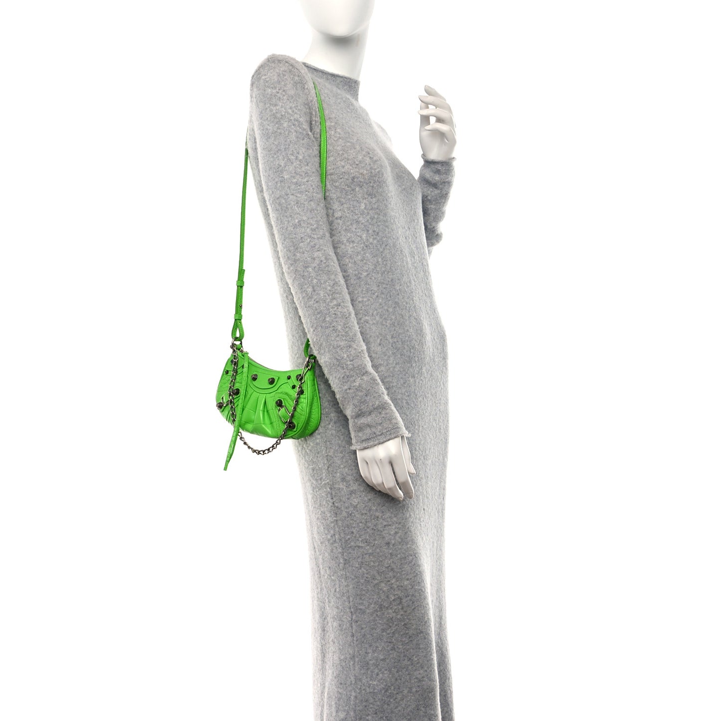 Extra Supple Calfskin Crocodile Embossed Le Cagole Mini Purse With Chain Acid Green