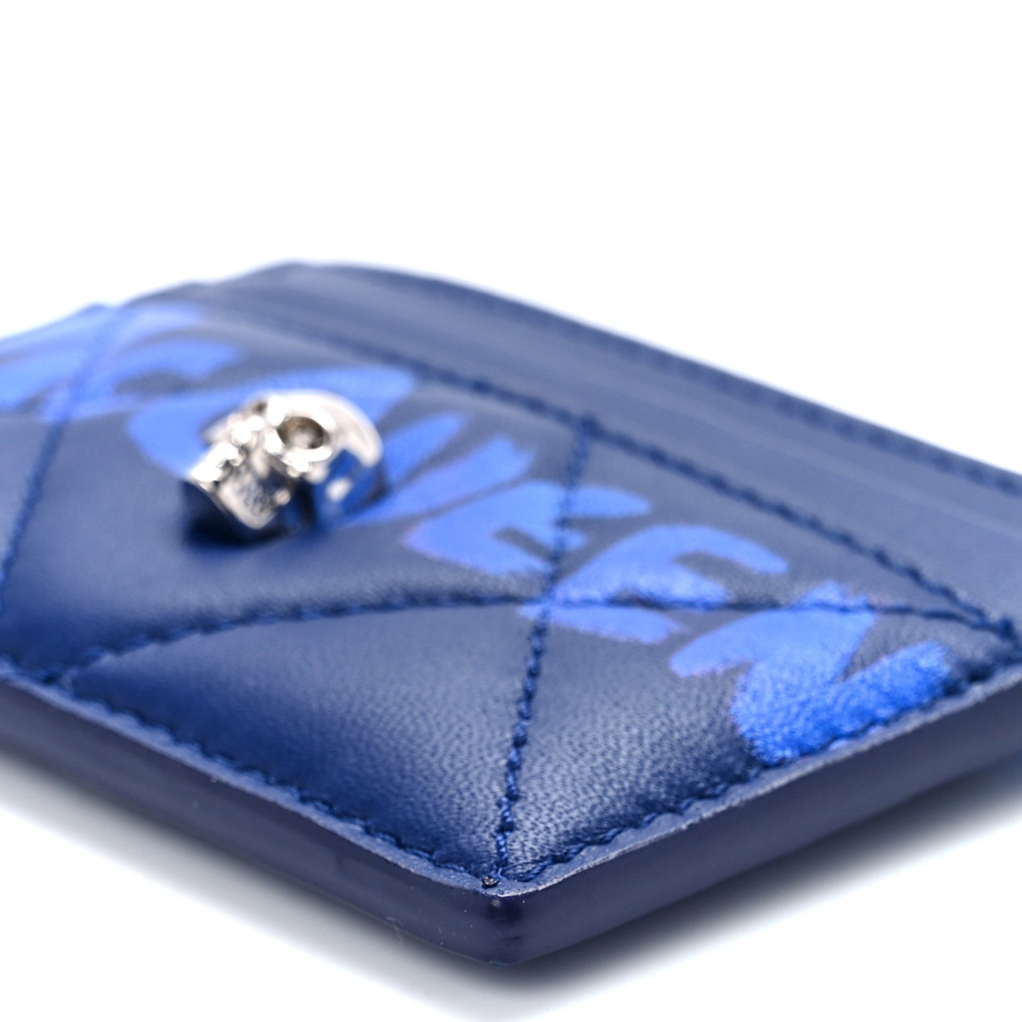 Lambskin Quilted Graffiti Skull Card Holder Blue