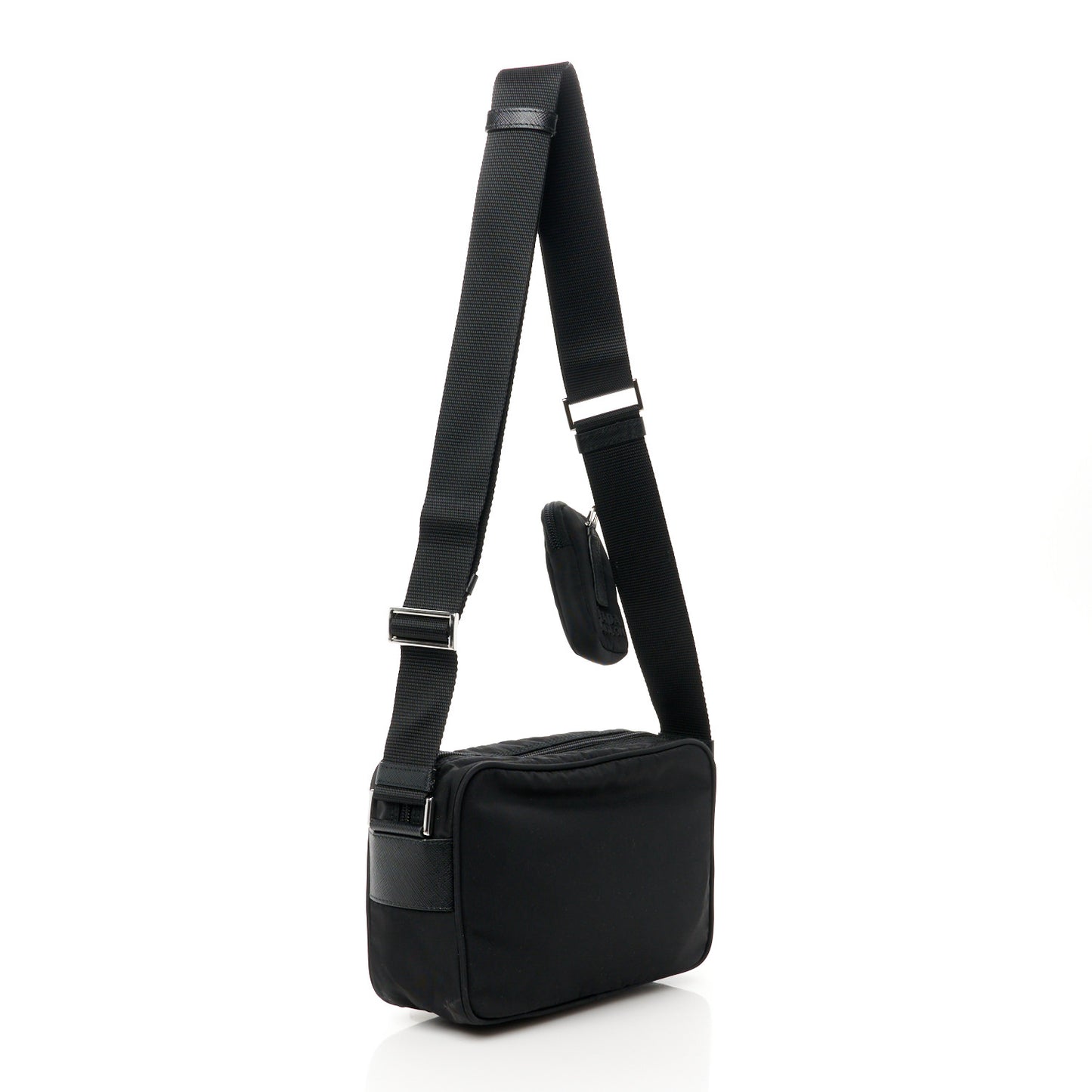Re-Nylon Vela Saffiano Pocket Double Zip Shoulder Bag Black