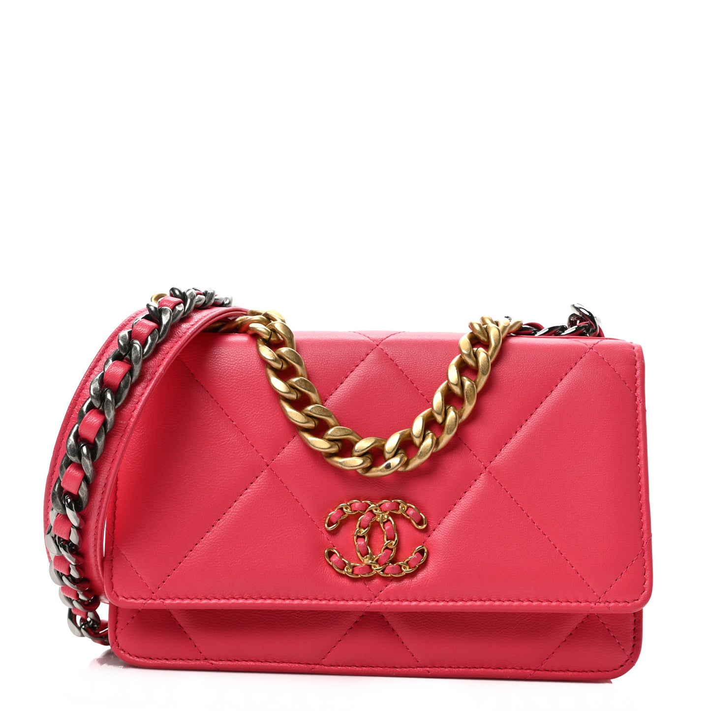 Lambskin Quilted Chanel 19 Wallet On Chain WOC Dark Pink