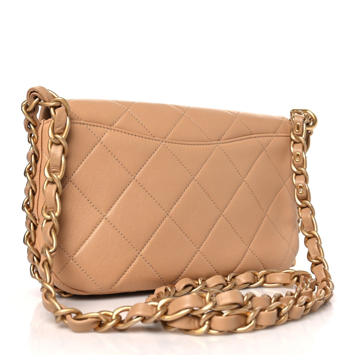 Shiny Lambskin Quilted Chain Around Flap Bag Beige