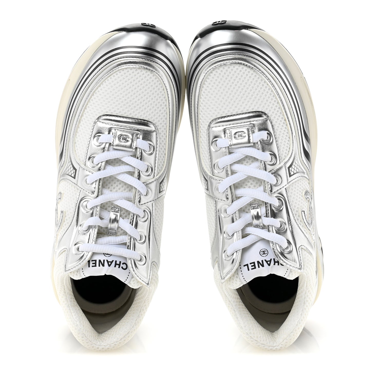 Fabric Laminated Calfskin Stretch CC Sneakers 39.5 White Silver