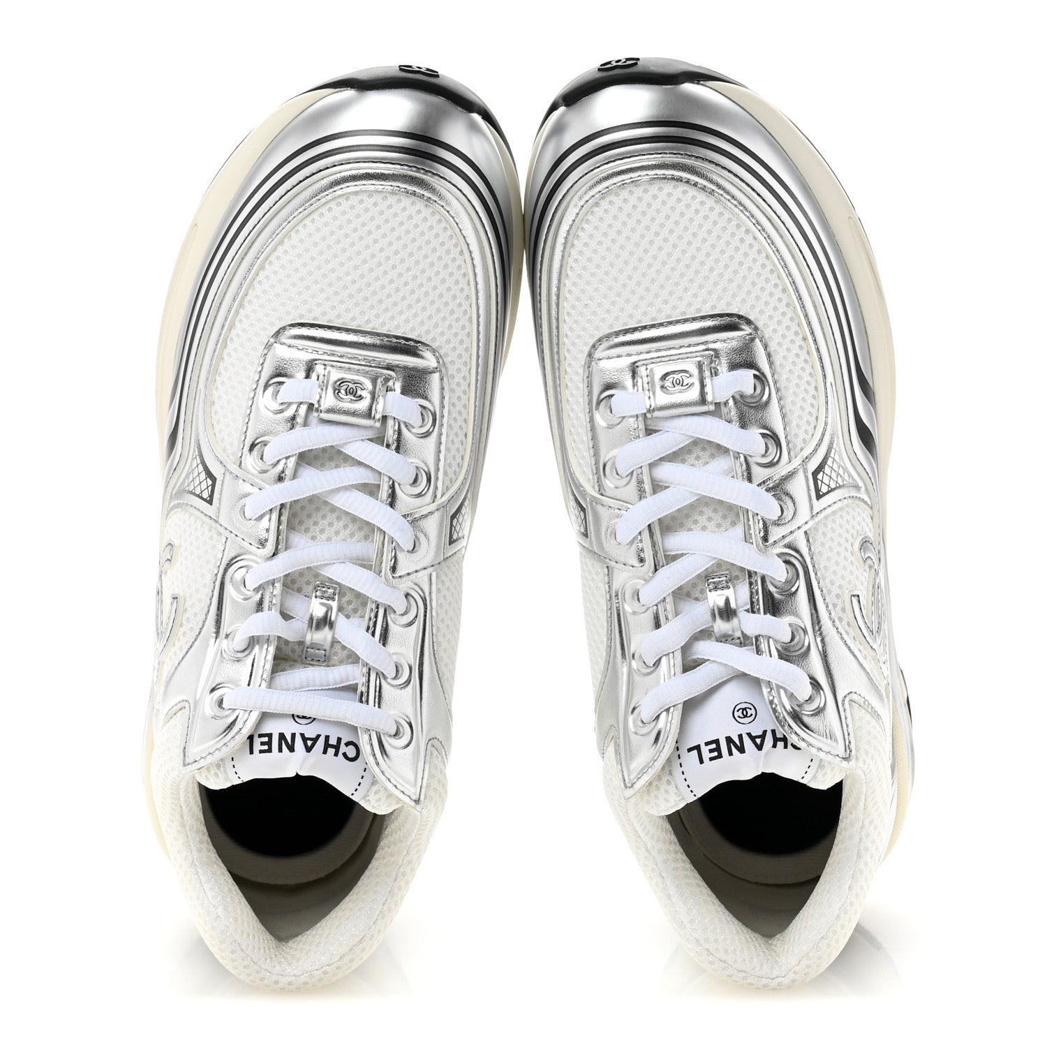 Chanel Fabric Laminated Calfskin Stretch CC Sneakers 39.5 White Silver 2 of 10