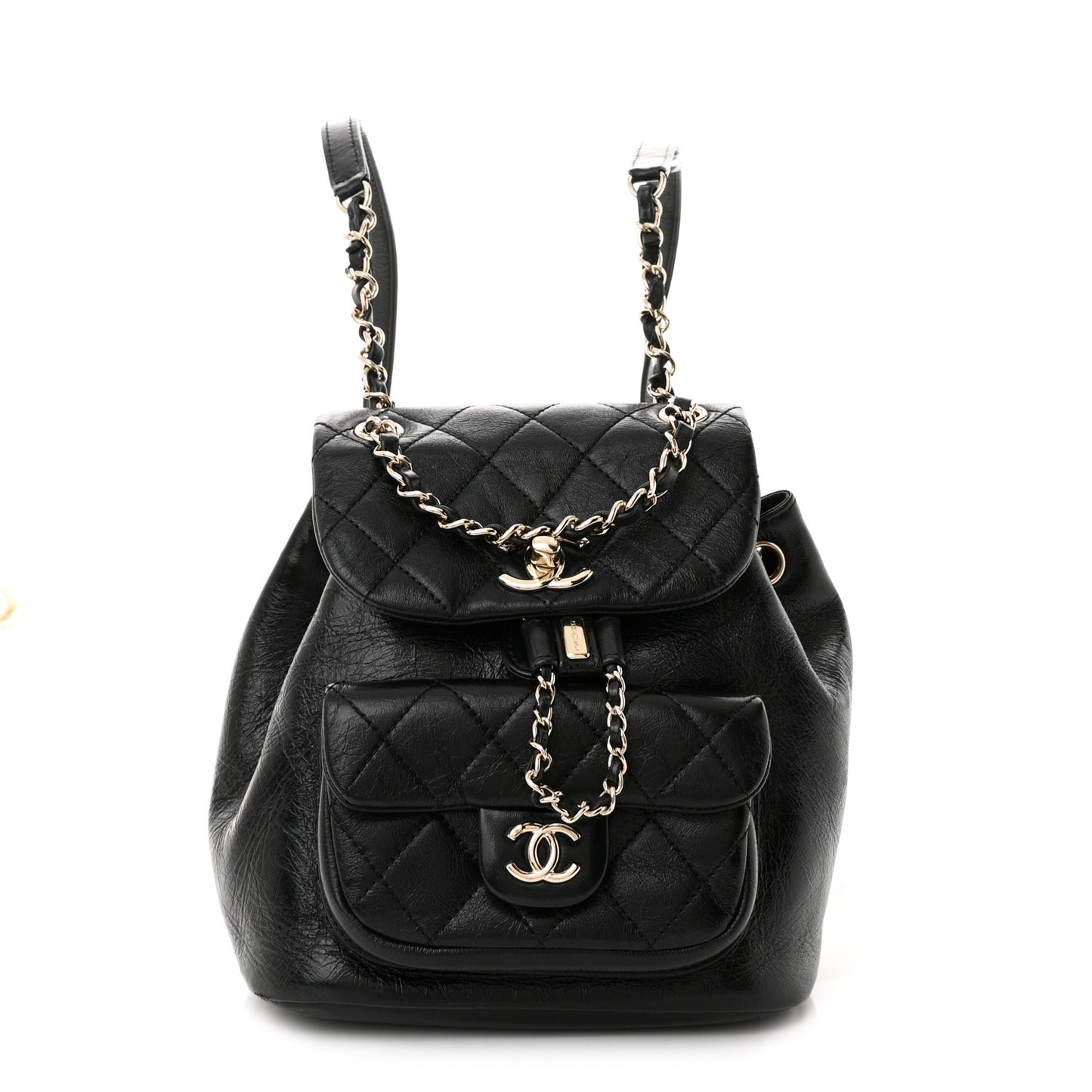 Glazed Aged Calfskin Quilted Small Duma Drawstring Backpack Black