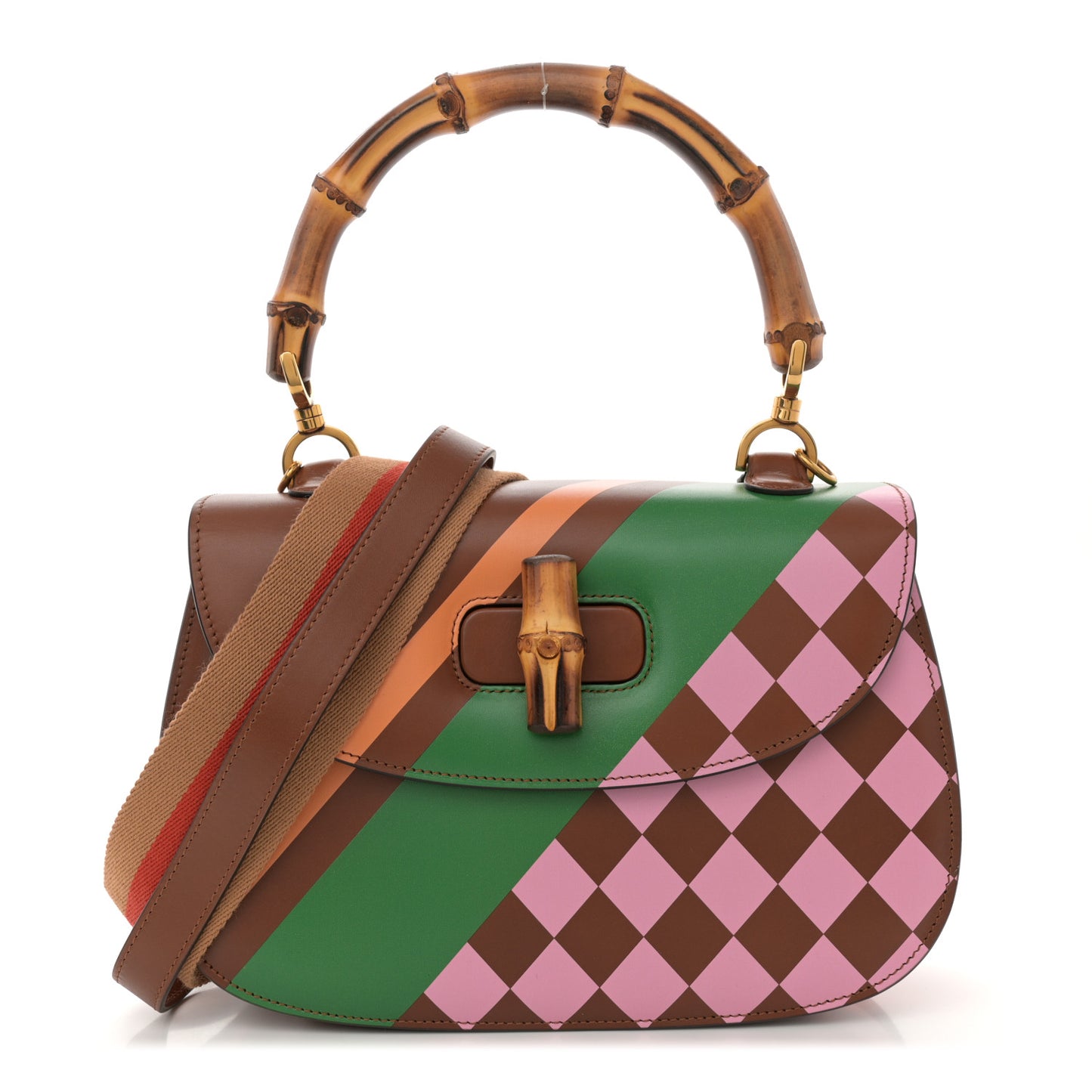 Calfskin Geometric Print Medium Bamboo 1947 Top Handle Bag Brown