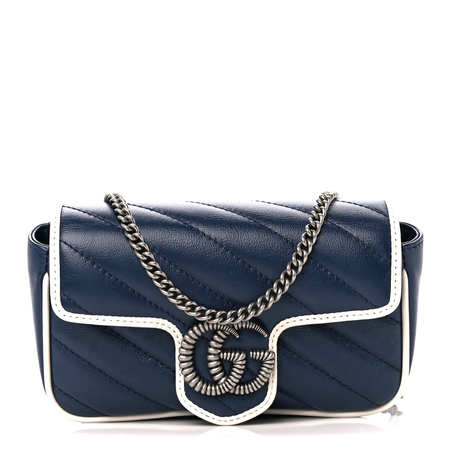 Vintage Effect Calfskin Matelasse Diagonal Super Mini Torchon GG Marmont Shoulder Bag Blue Agata Mystic White
