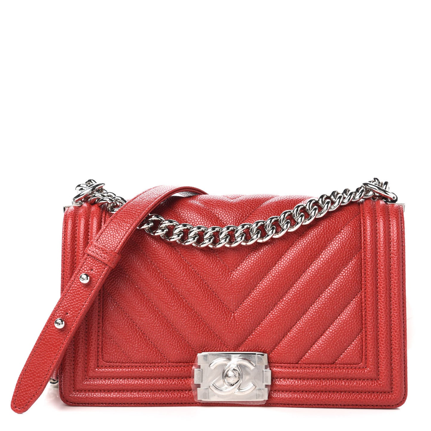 Caviar Chevron Quilted Medium Boy Flap Red