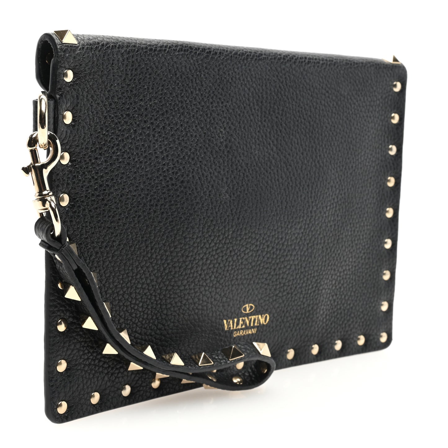 Pebbled Calfskin Medium Rockstud Envelope Flat Wristlet Pouch Black