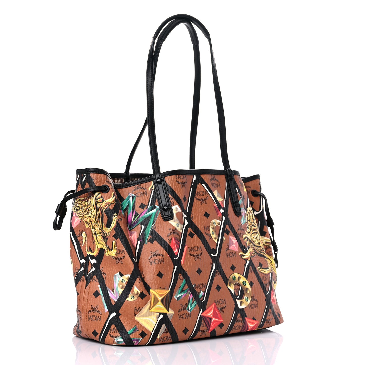 Visetos Calfskin Motif Rombi Lion Printed Reversible Shopper Tote Cognac