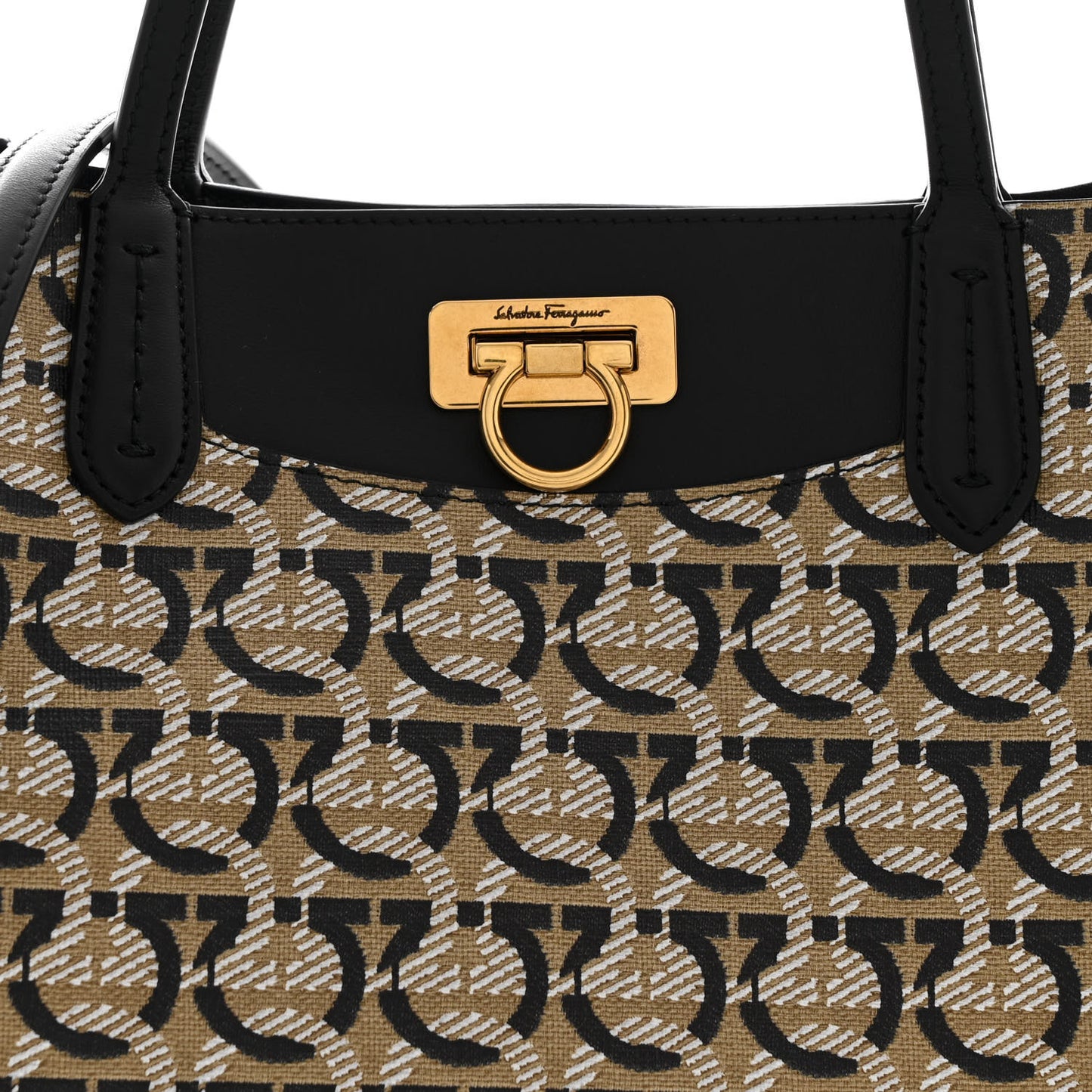 Canvas Calfskin Gancini Tote Sand Black