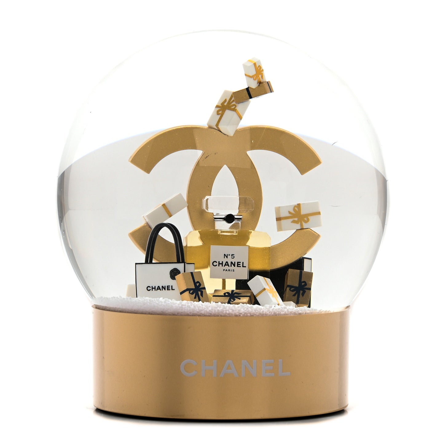 Glass CC Shopping Bag Snow Globe Gold