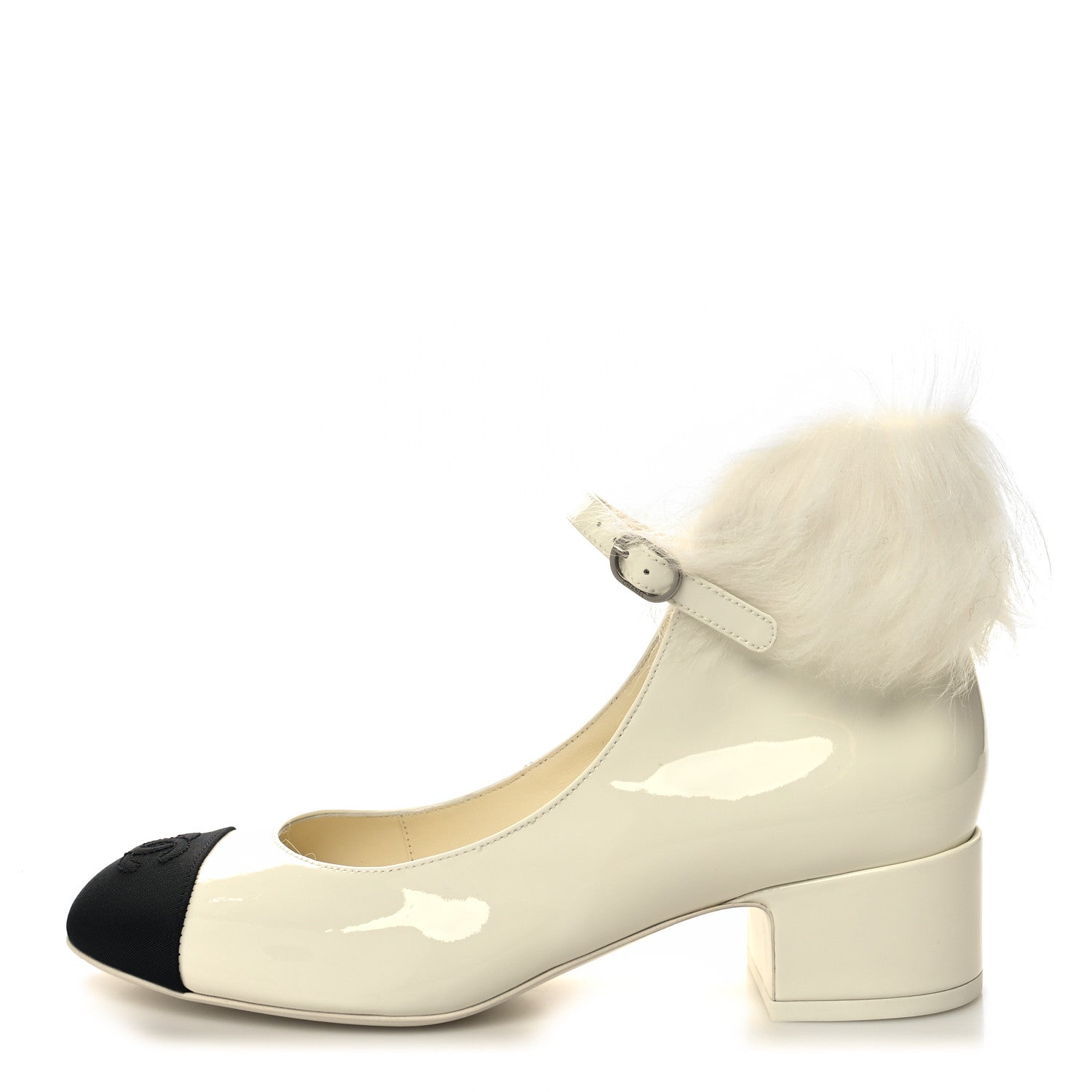Chanel Patent Shearling Lambskin Grosgrain Cap Toe Mary Jane Low Heel Pumps 39 White Black 1 of 9