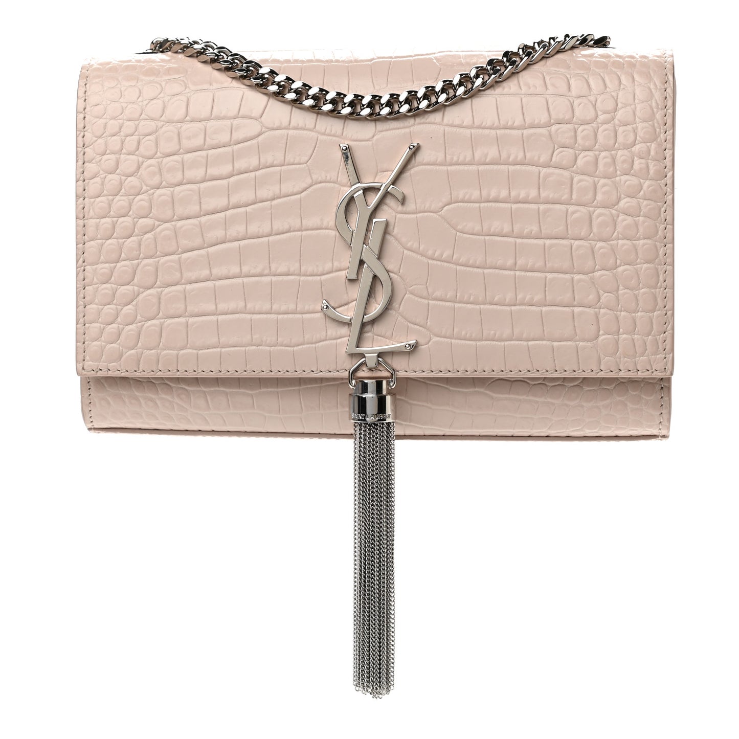 Calfskin Crocodile Embossed Small Classic Monogram Kate Tassel Satchel Light Pink