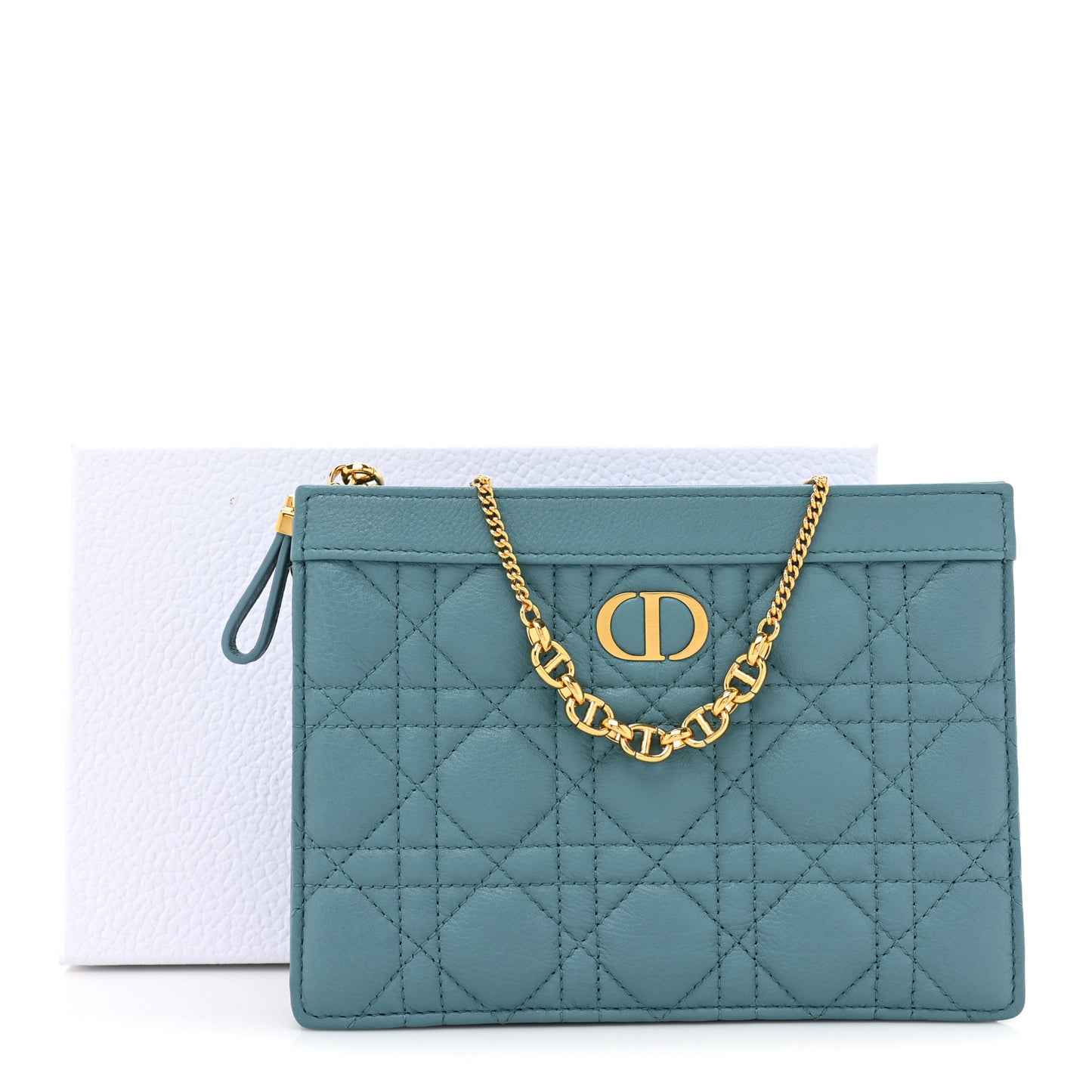 Calfskin Cannage Caro Zipped Pouch With Chain Cloud Blue