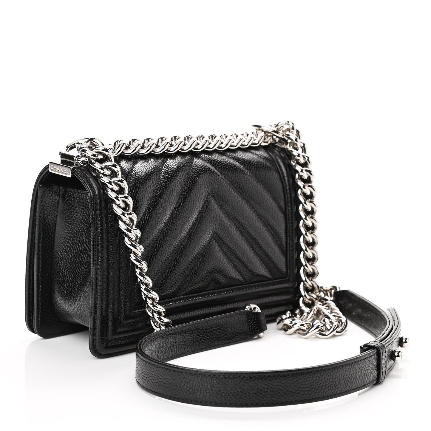 Caviar Chevron Quilted Small Boy Flap Black