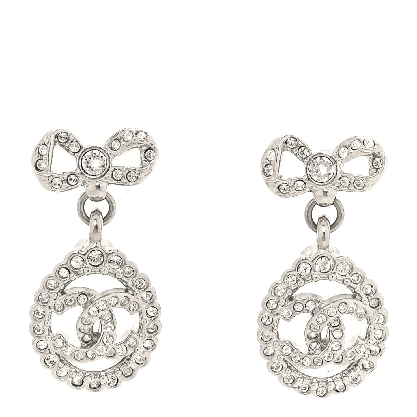 Crystal CC Bow Drop Earrings Silver