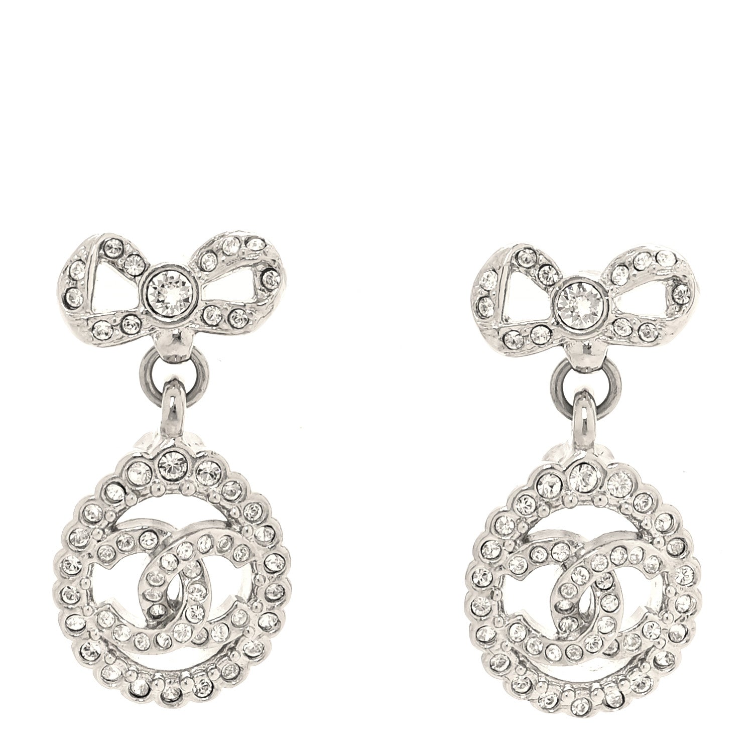 Chanel Crystal CC Bow Drop Earrings Silver 1 of 5