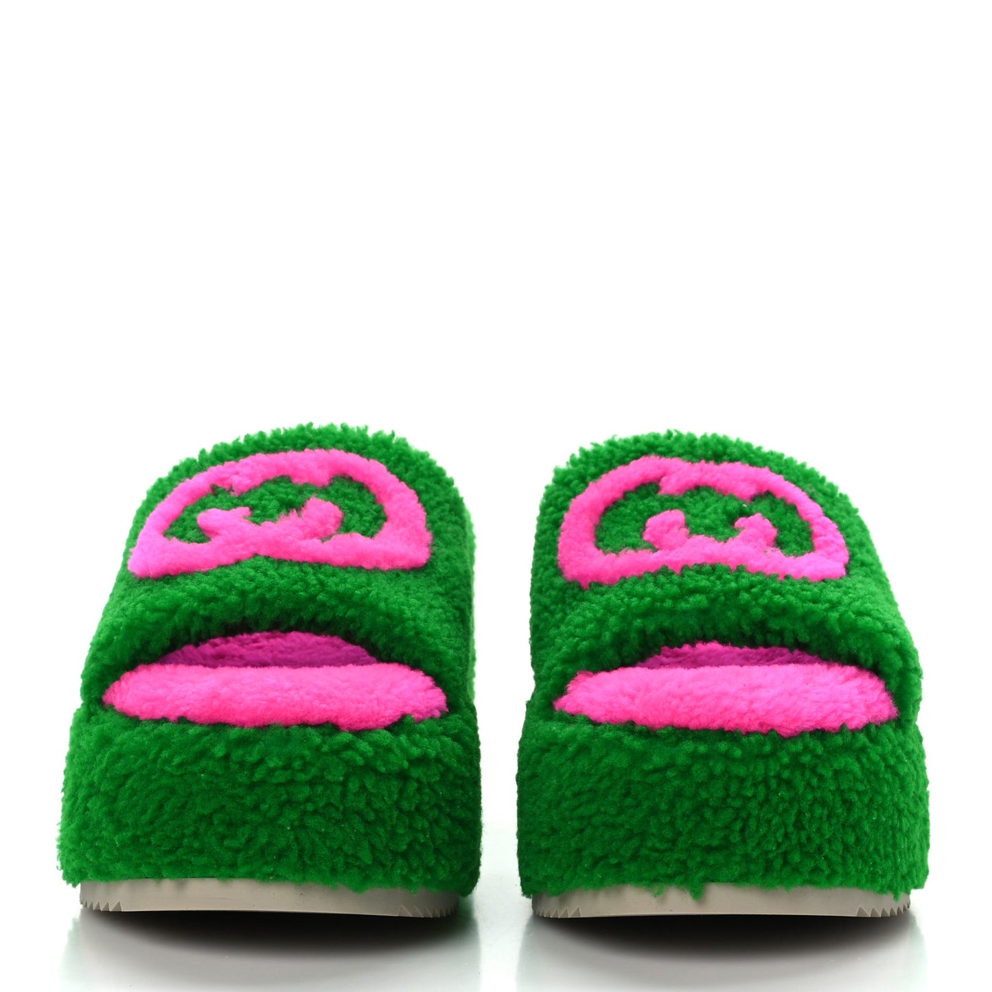 Shearling Interlocking G Womens Elea Platform Slide Wedge Sandals 37 Green Fluo Fuxia Fluo