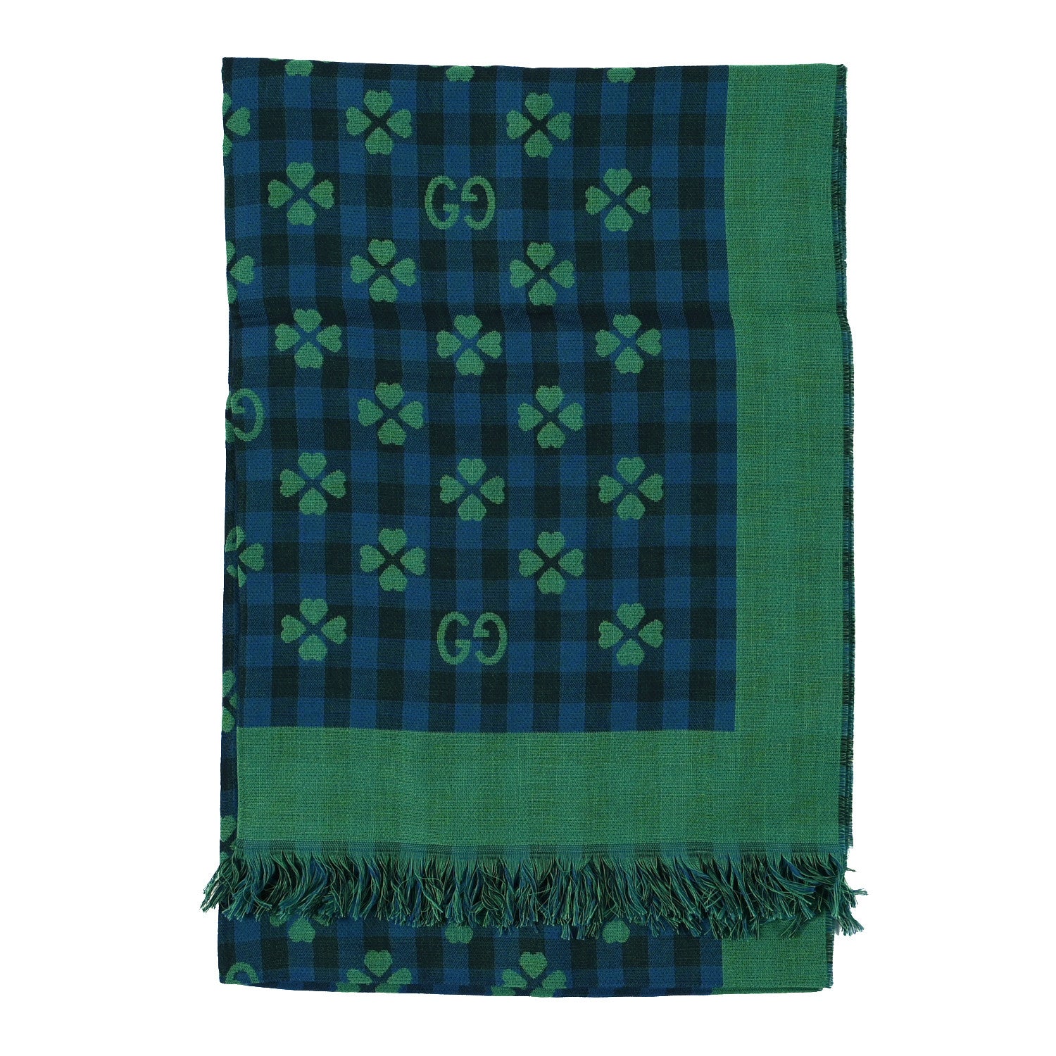 Gucci Cotton Woven Long Lucky Fringe Scarf Navy Light Green 2 of 3