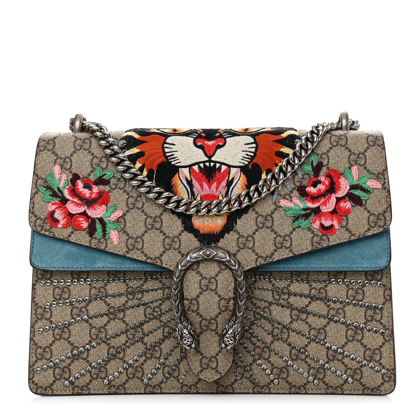 GG Supreme Monogram Angry Cat Embroidered Medium Dionysus Shoulder Bag Beige Ultramarine