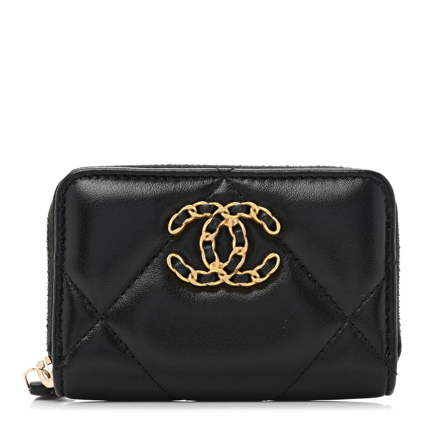 Lambskin Quilted Chanel 19 Zip Around Coin Purse Wallet Black