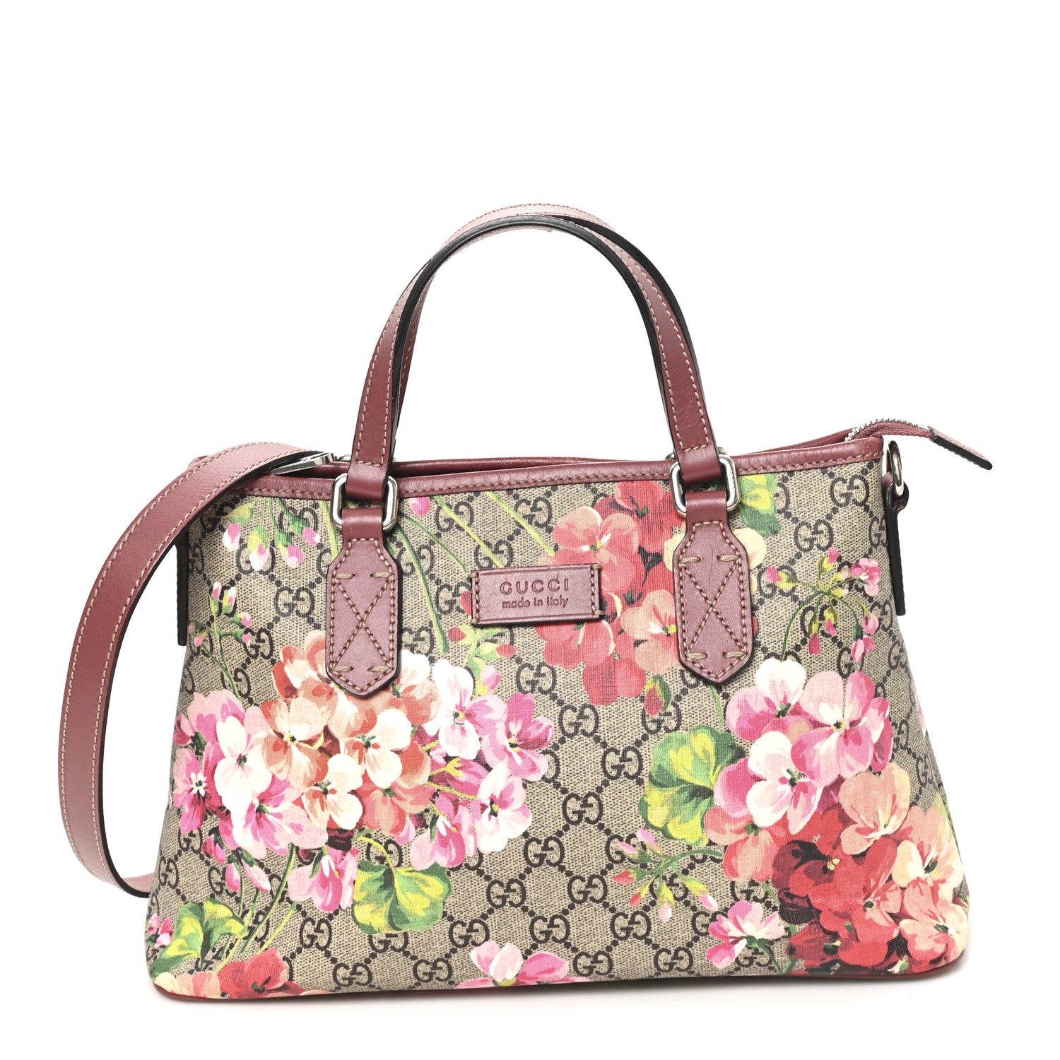 Gucci GG Supreme Monogram Blooms Small Zippered Tote Beige