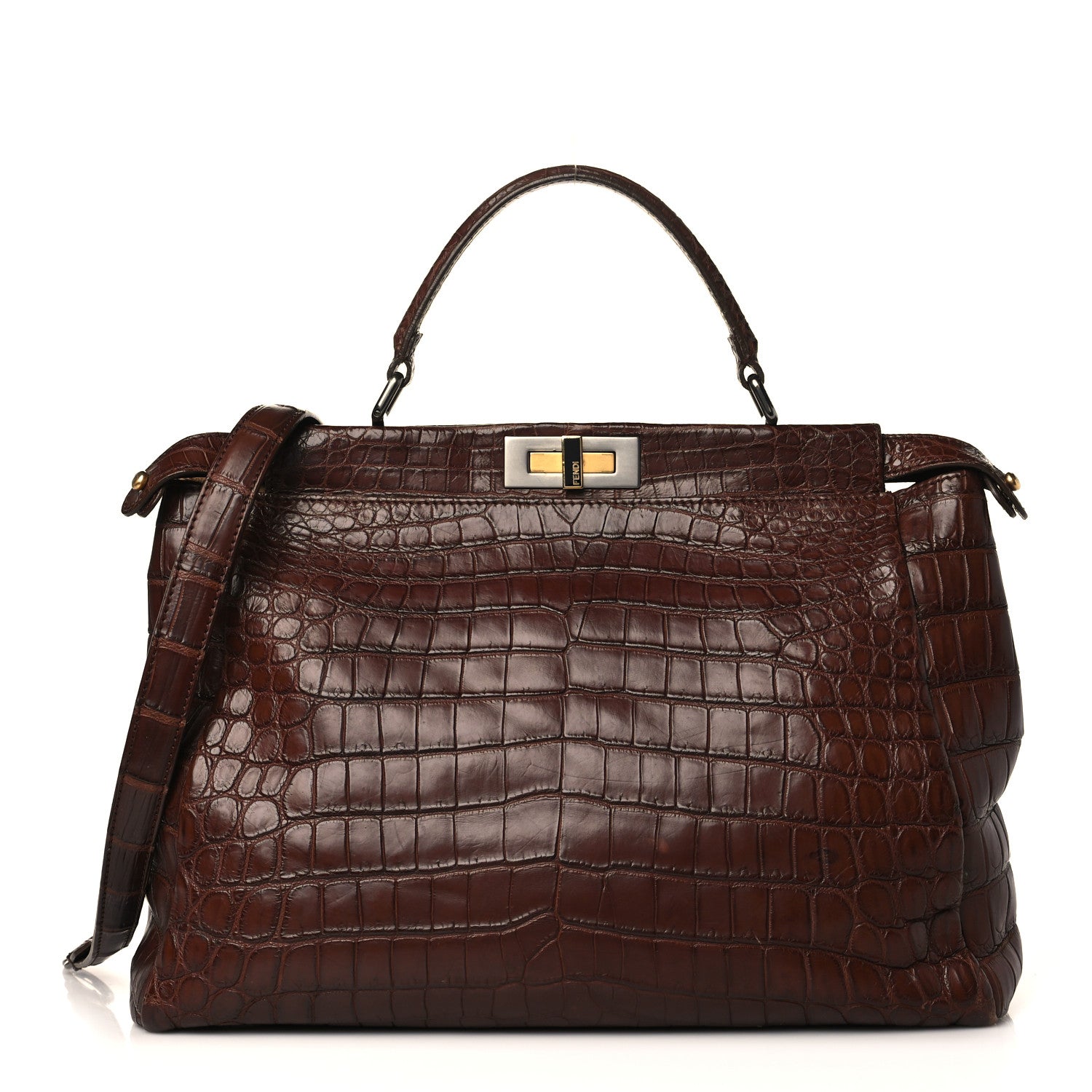 Fendi Crocodile Large Peekaboo Iconic Satchel Brown 1191617