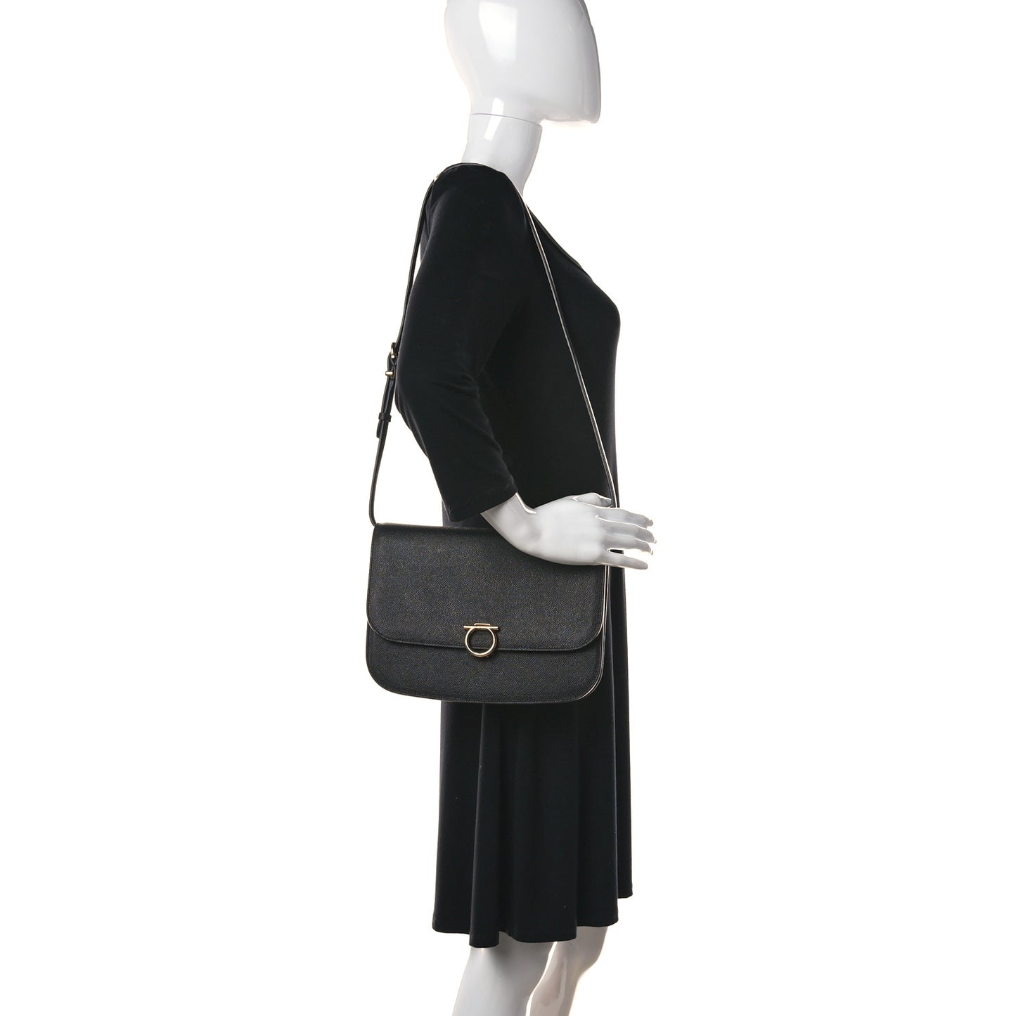 Hammered Calfskin Round Gancini Crossbody Bag Black