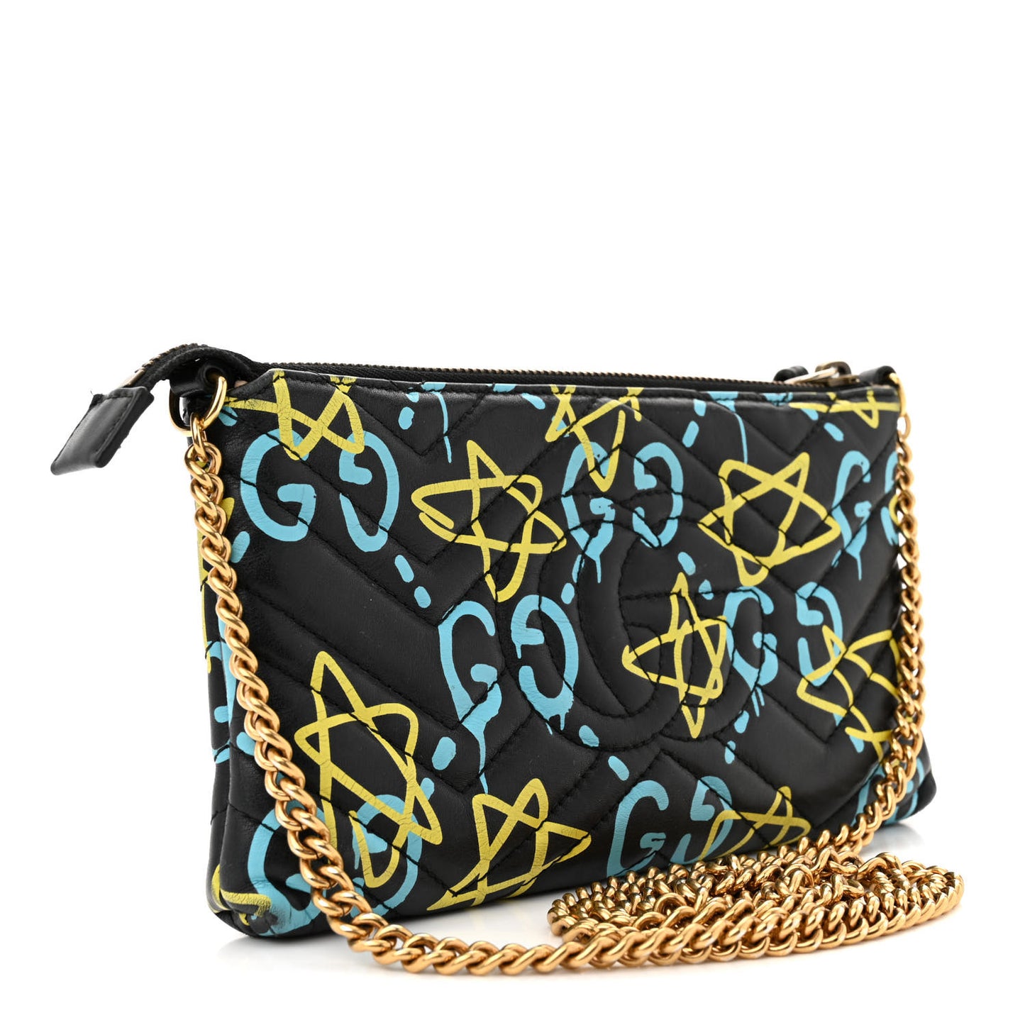 Calfskin Matelasse Printed Mini GucciGhost GG Marmont Chain Bag Black New Acquamarine