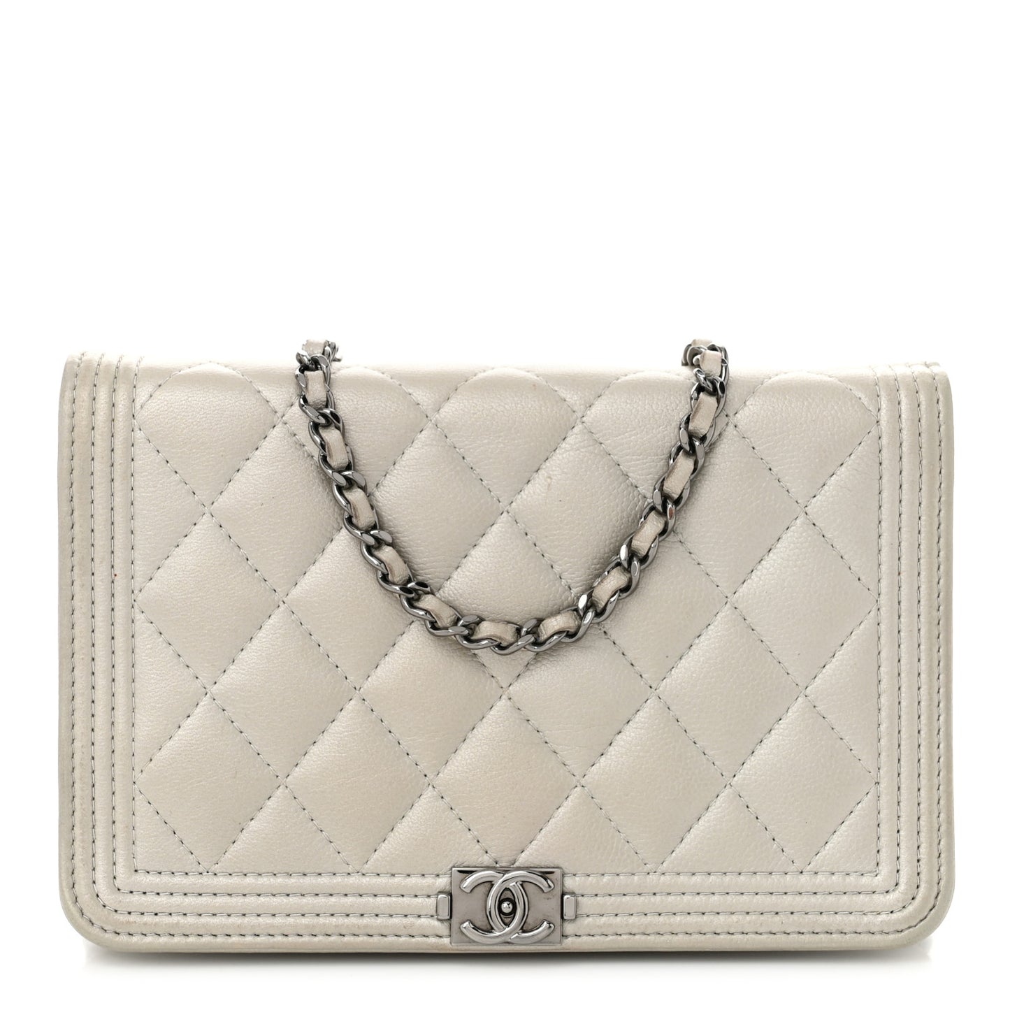 Metallic Caviar Quilted Boy Wallet On Chain WOC Silver
