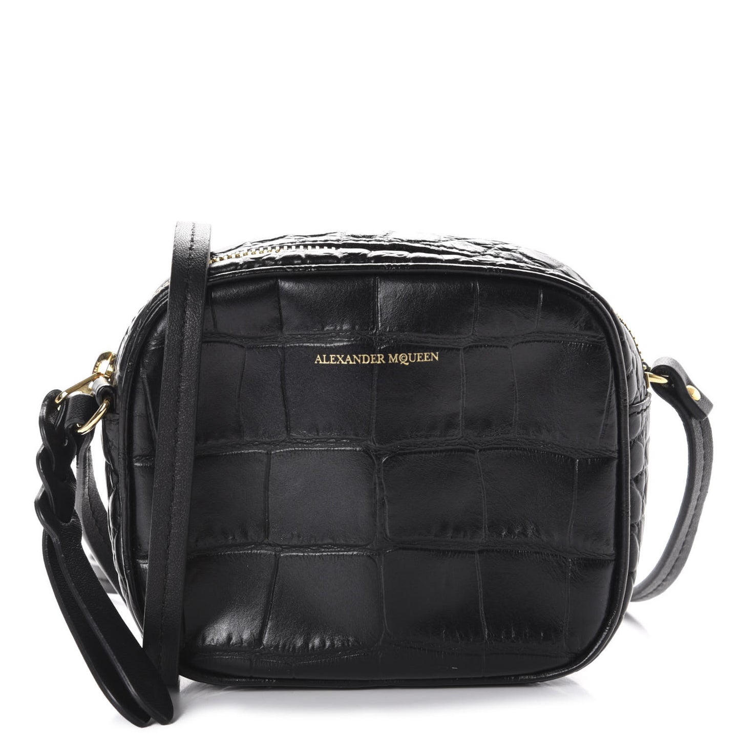 Calfskin Crocodile Embossed Camera Shoulder Bag Black