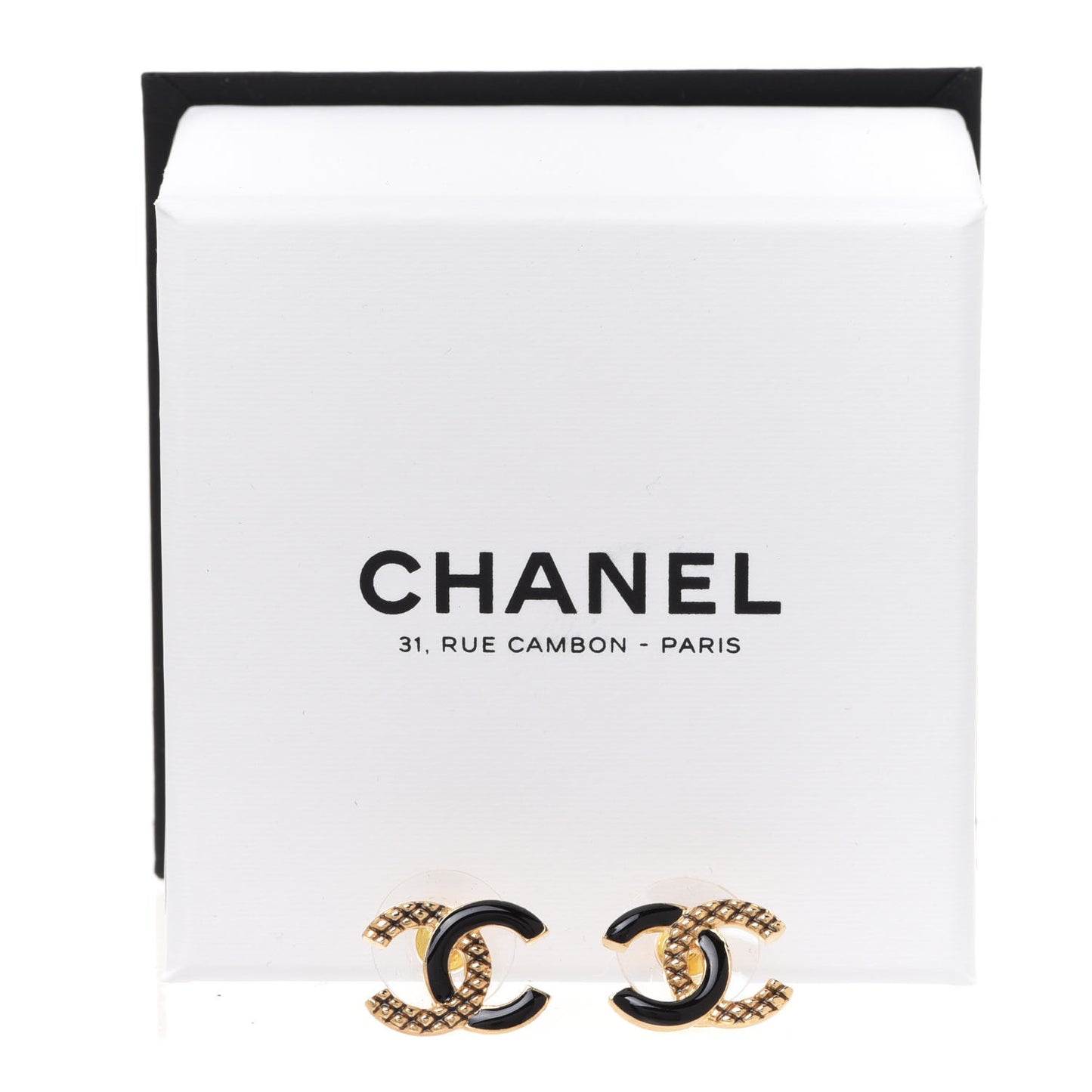 Enamel Quilted CC Earrings Black Gold