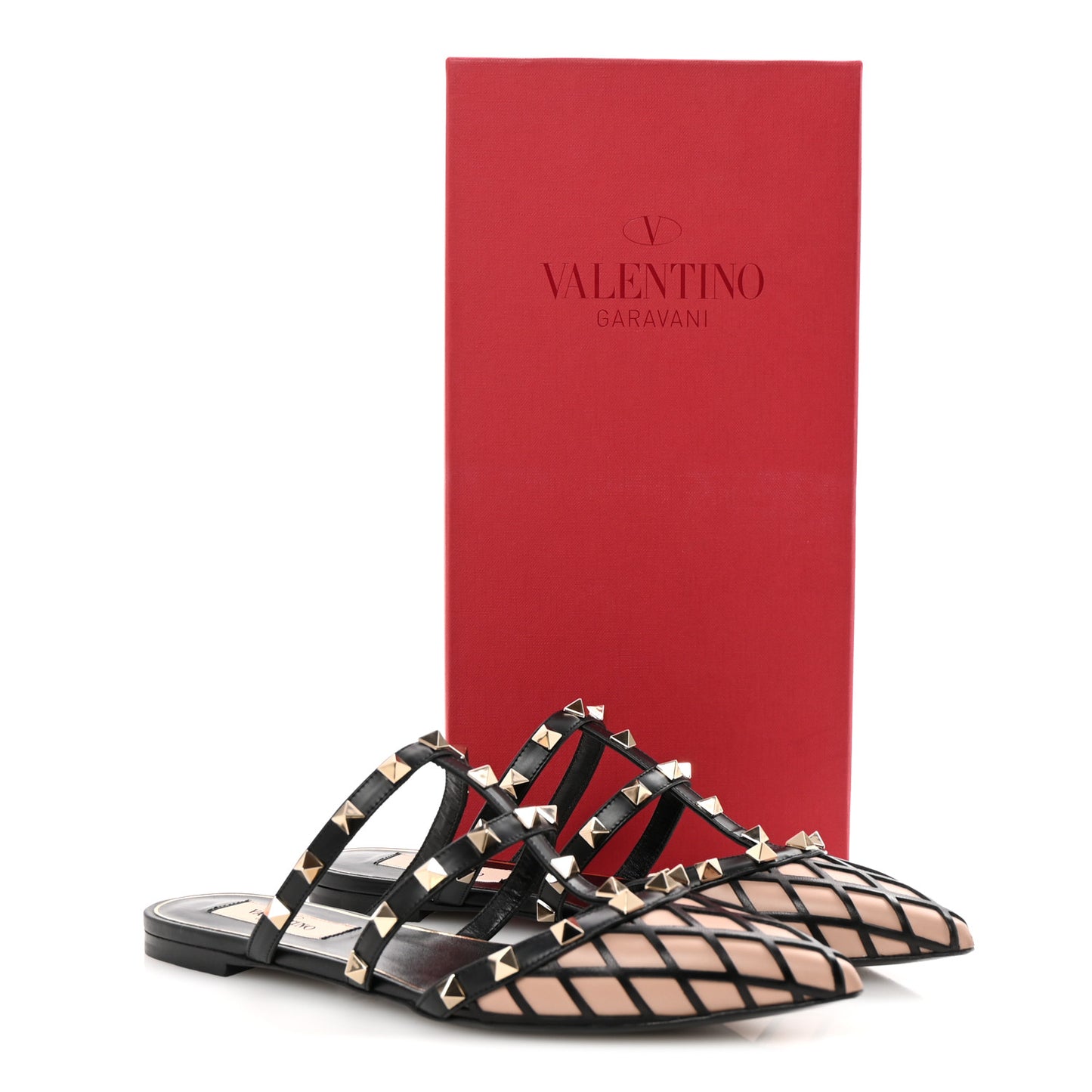 Calfskin Boudoir Rockstud Flat Cage Mules 36.5 Rose Cannelle Black