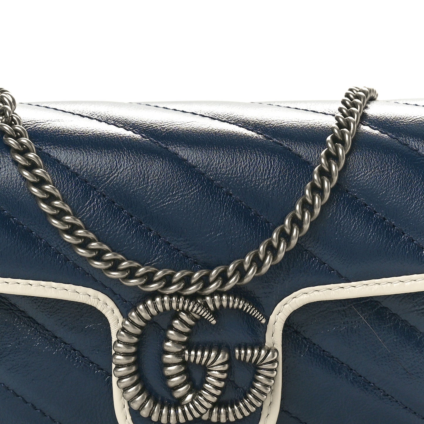 Vintage Effect Calfskin Matelasse Diagonal Super Mini Torchon GG Marmont Shoulder Bag Blue Agata Mystic White