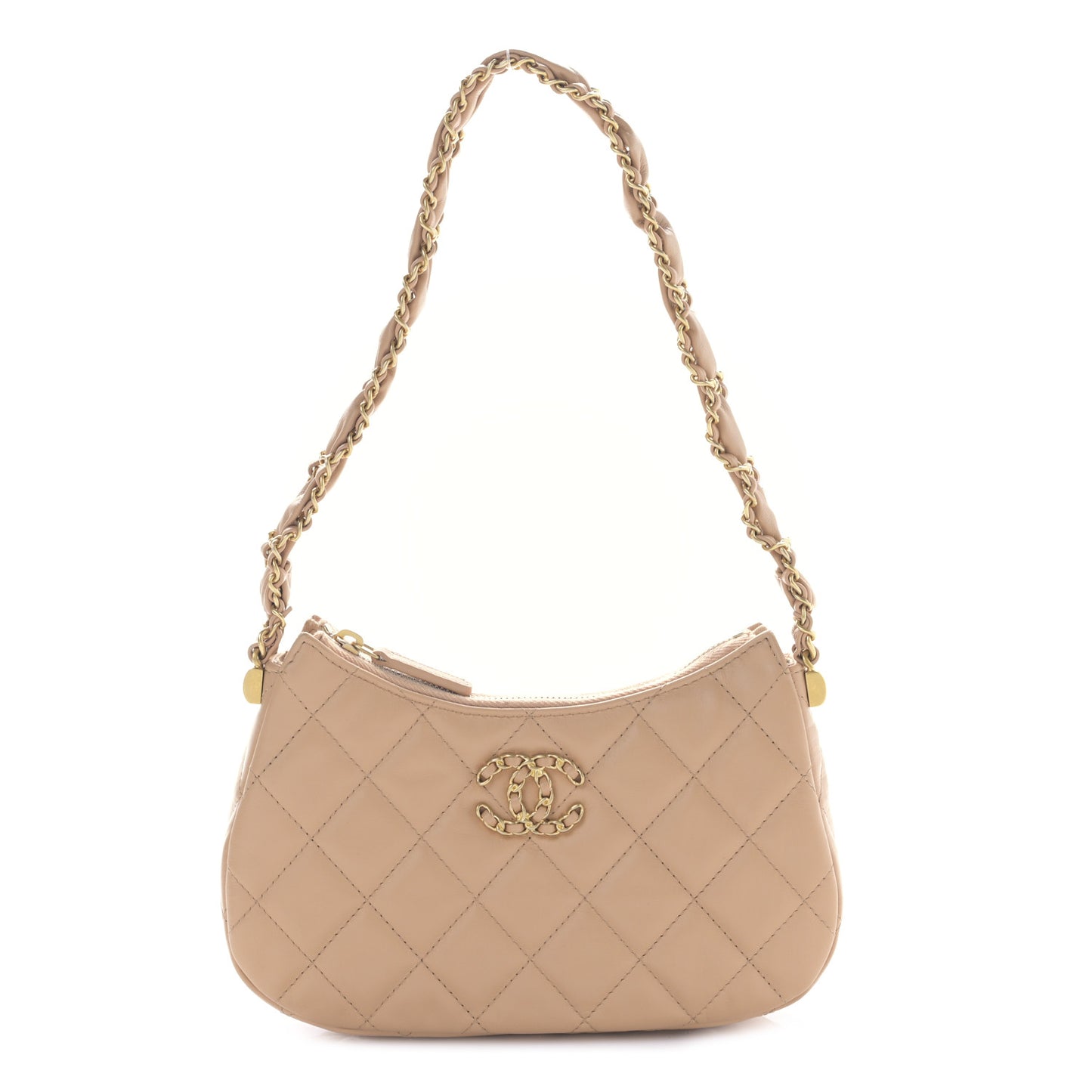 Aged Calfskin Quilted Small Chanel 19 Hobo Beige