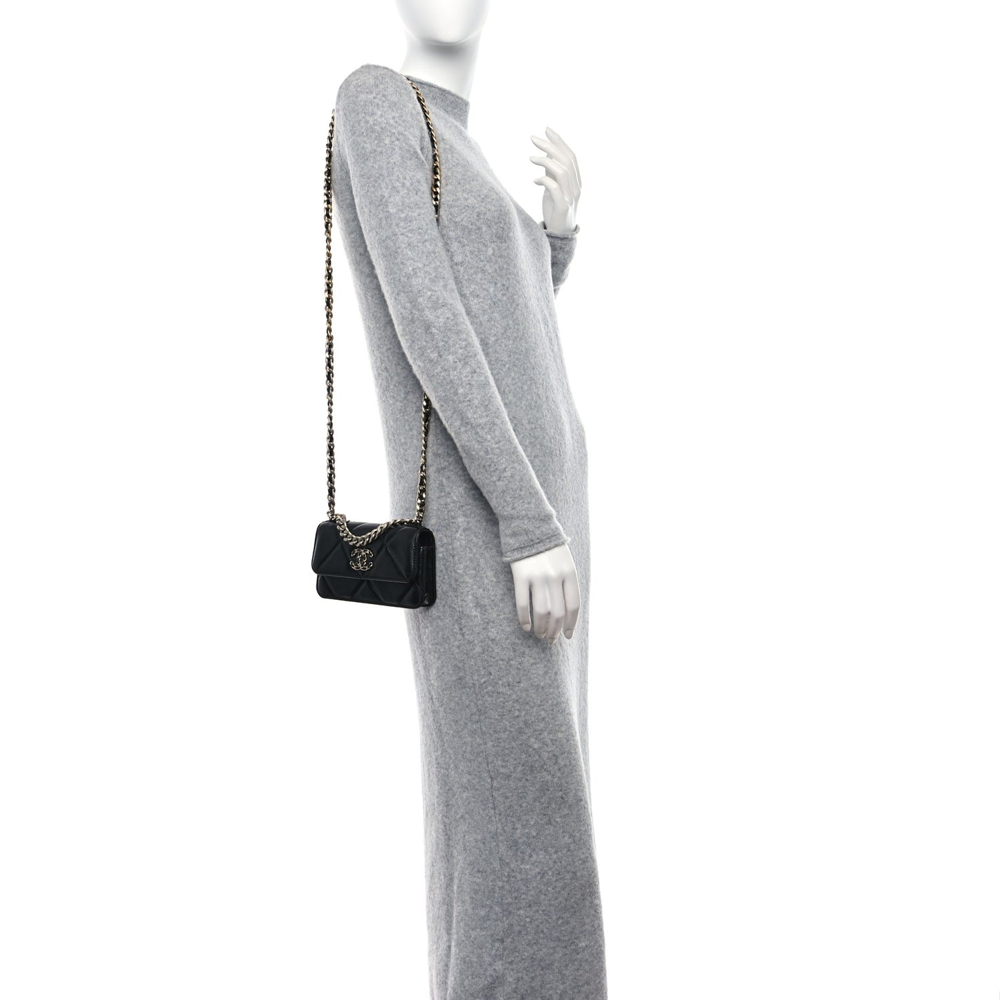 Lambskin Quilted Chanel 19 Flap Phone Holder With Chain Black