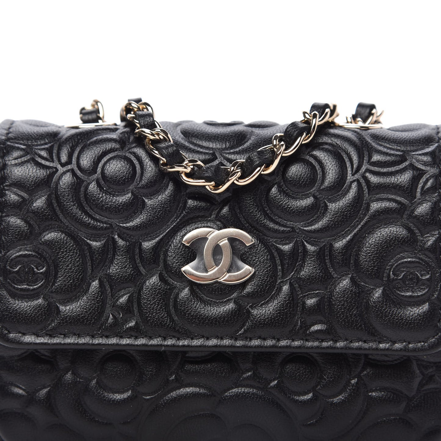 Lambskin Camellia Embossed Chain Belt Bag Black