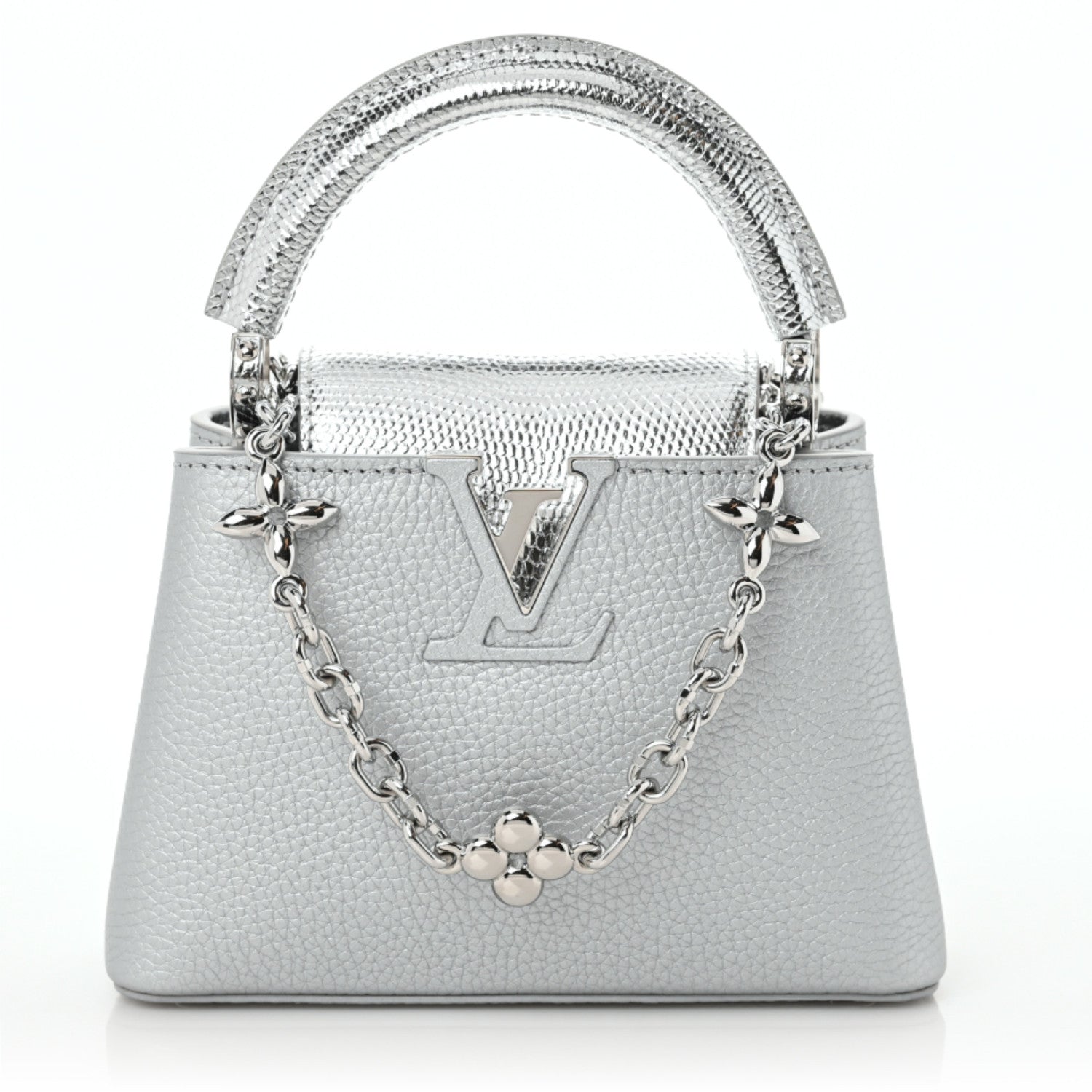 Louis Vuitton Taurillon Lizard Flower Chain Capucines Mini Silver