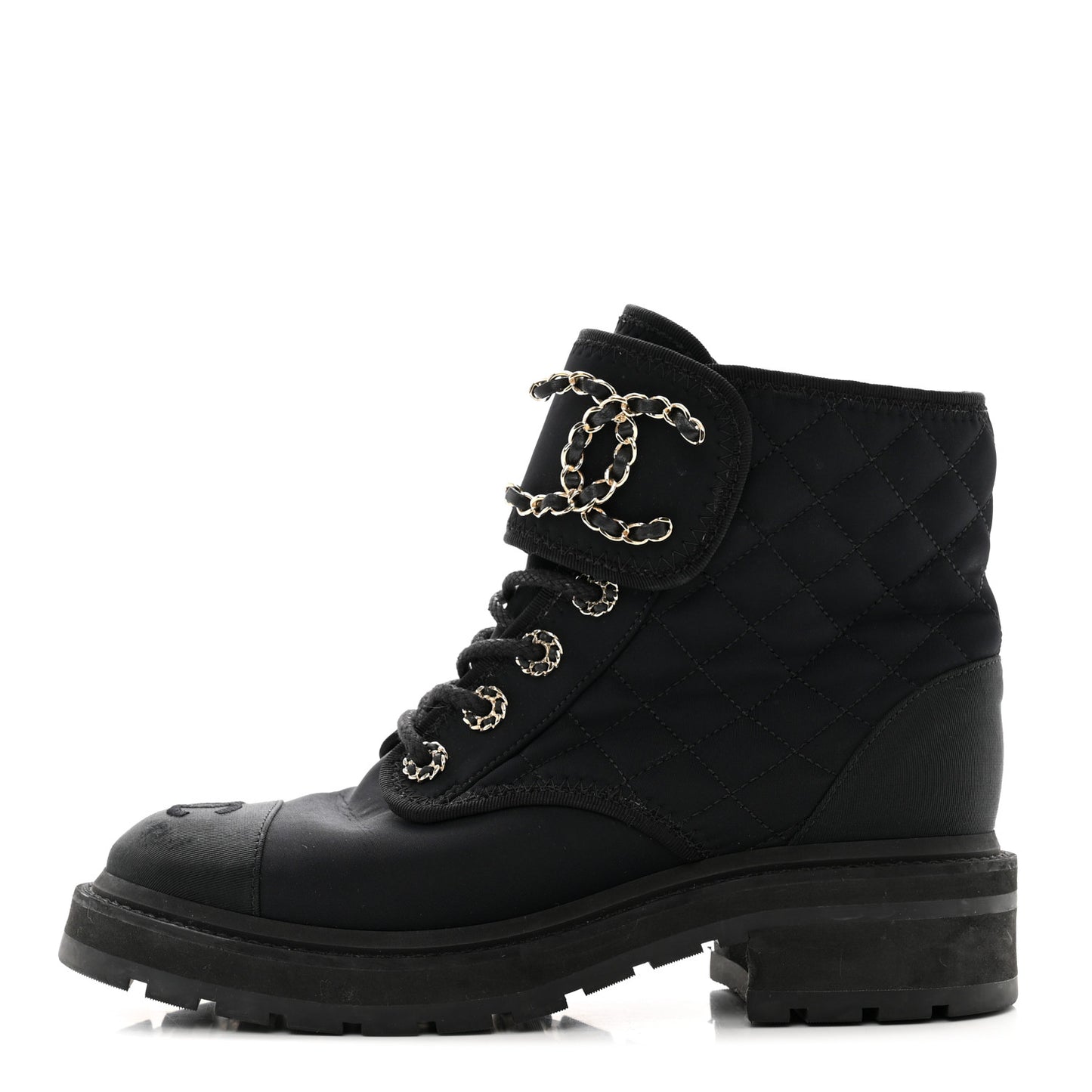 Fabric Grosgrain Quilted Cap Toe Lace Up Combat Boots 37 Black