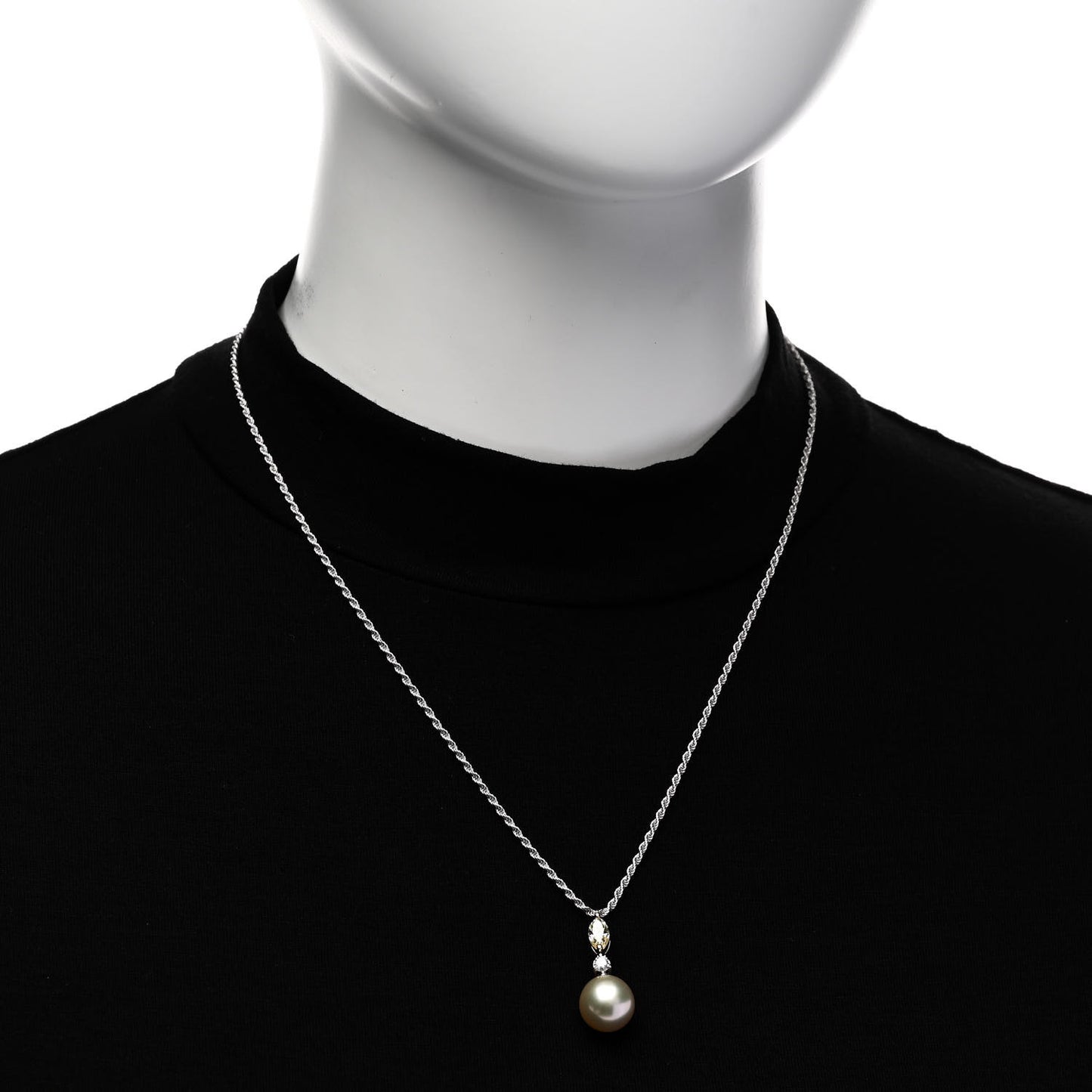 18K White Gold Yellow Diamond Freshwater Cultured Pearl Drop Cluster Pendant Necklace