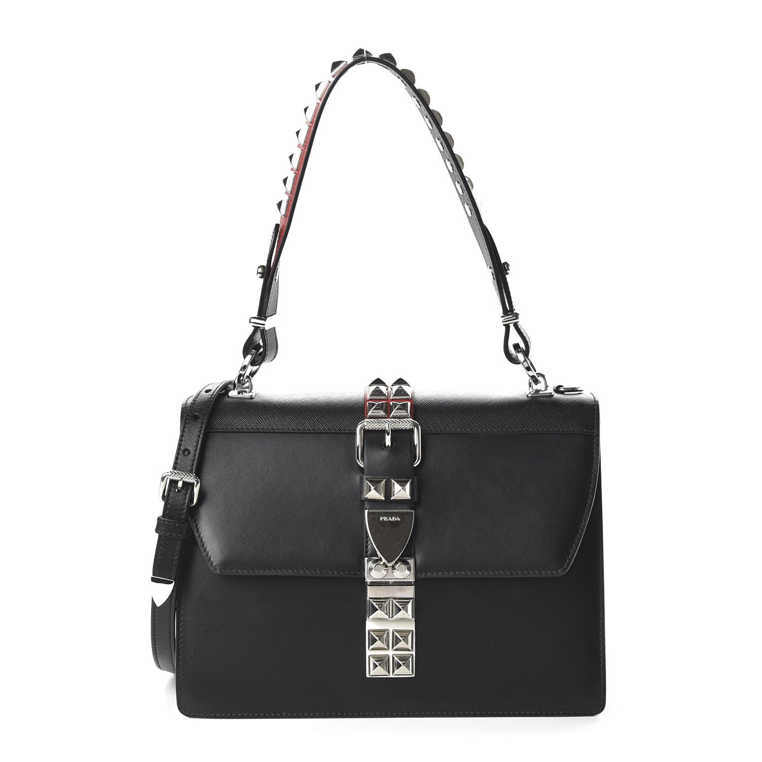 Prada Saffiano City Calfskin Studded Elektra Shoulder Bag Black Fuoco 1 of 9