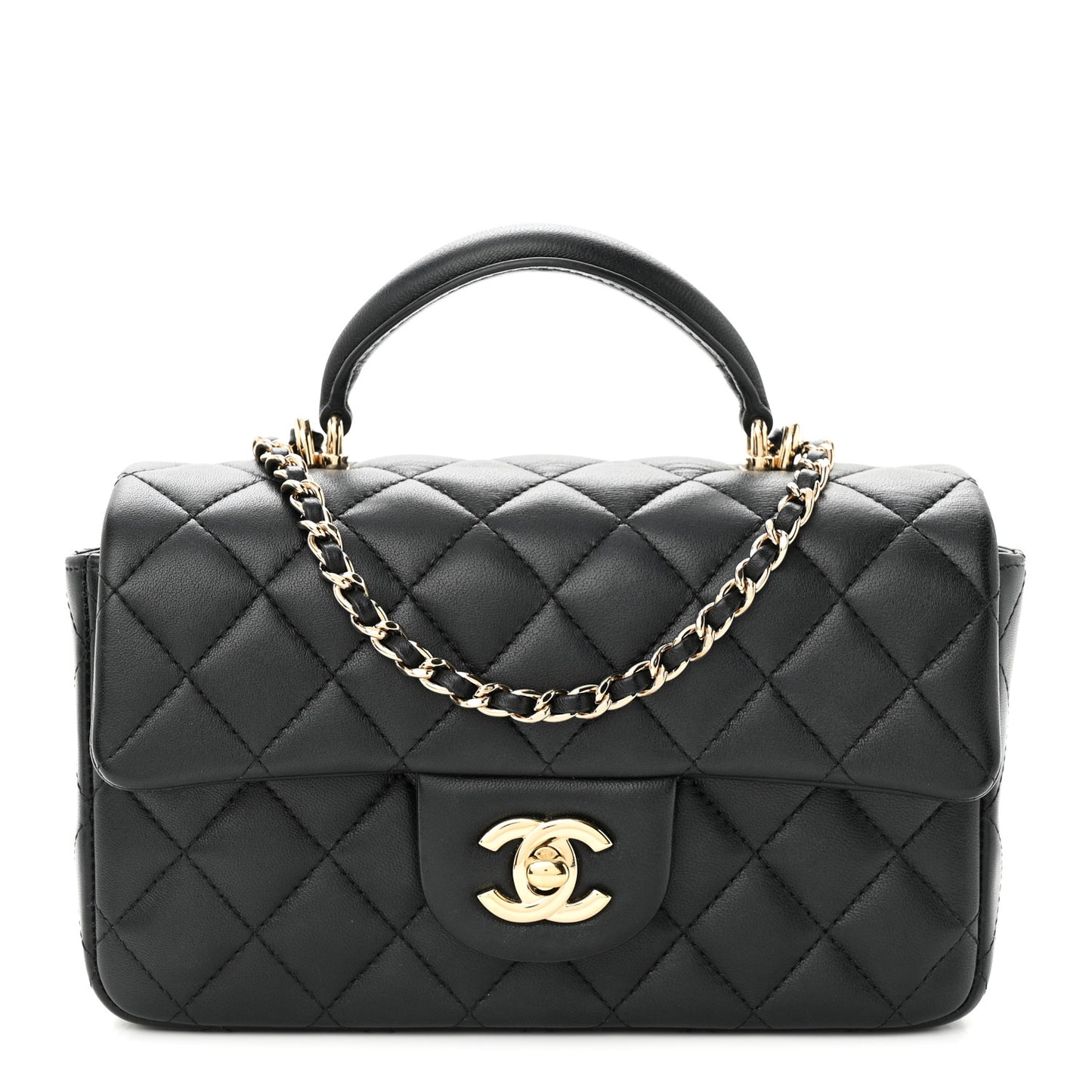 Lambskin Quilted Mini Top Handle Rectangular Flap Black