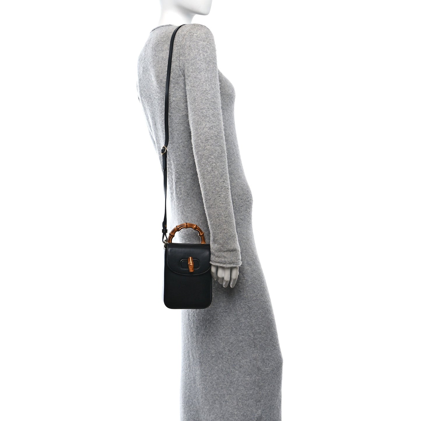 Calfskin Mini Bamboo Top Handle 3 Way Shoulder Bag Black