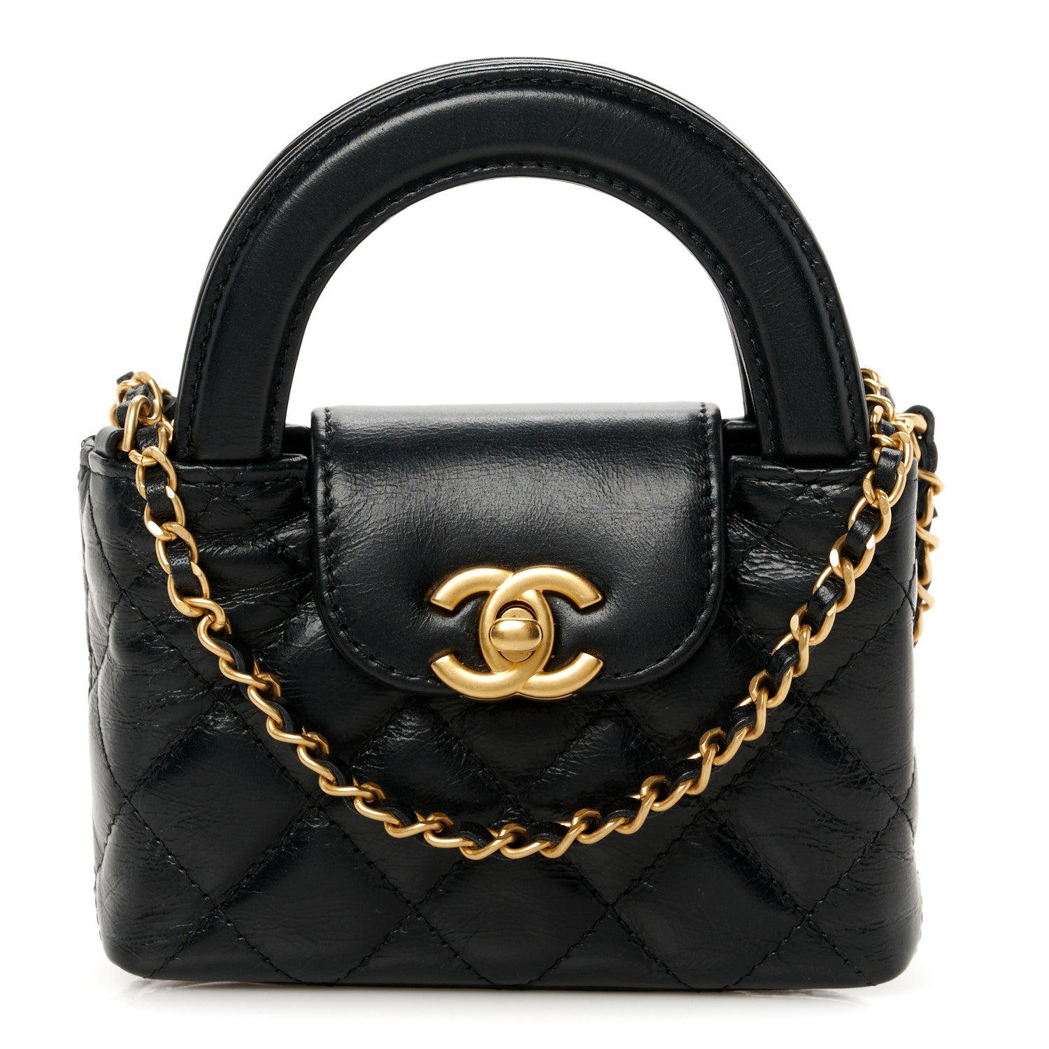 Chanel Shiny Aged Calfskin Quilted Mini Nano Kelly Shopper Black