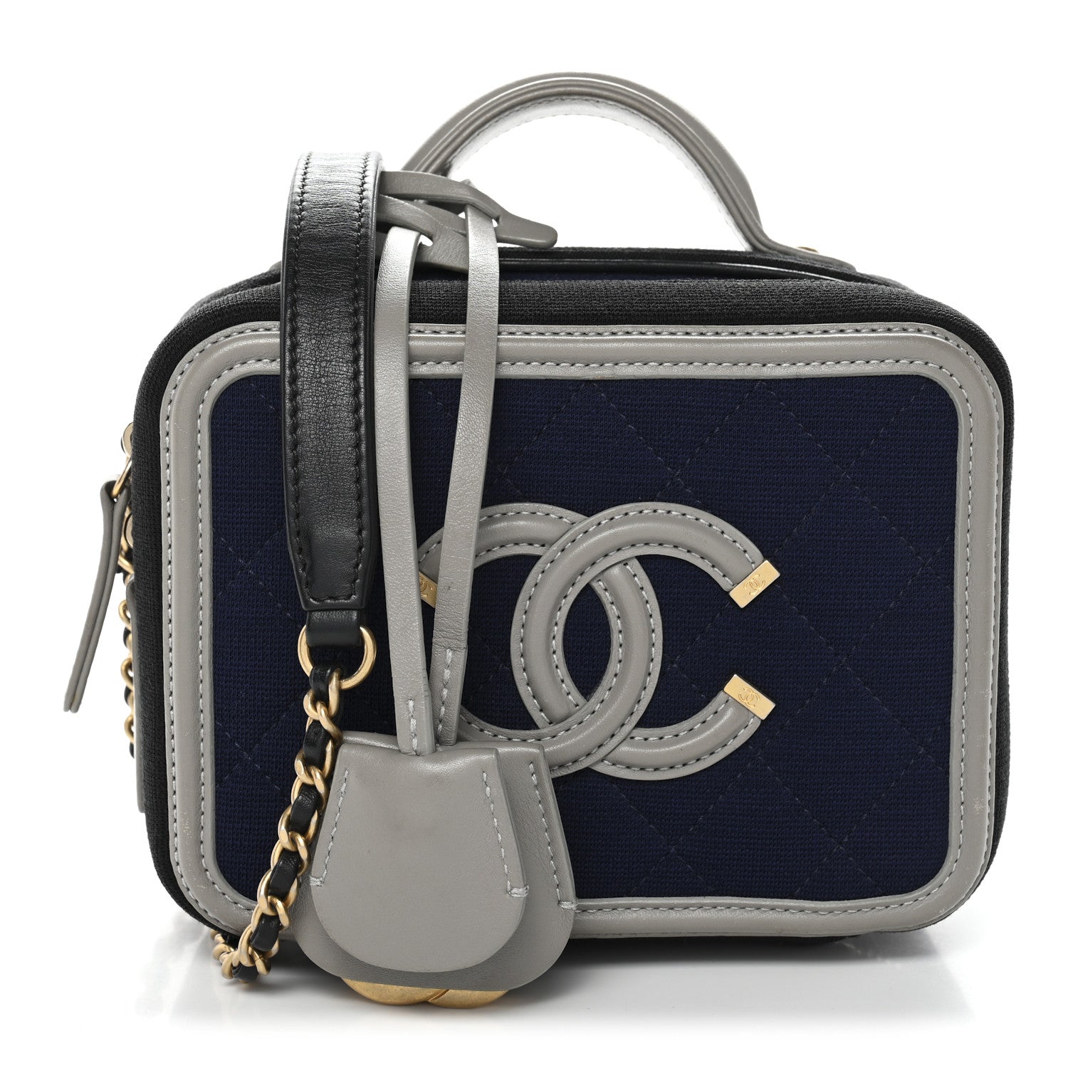 Chanel Jersey Quilted Small CC Filigree Vanity Case Blue Black