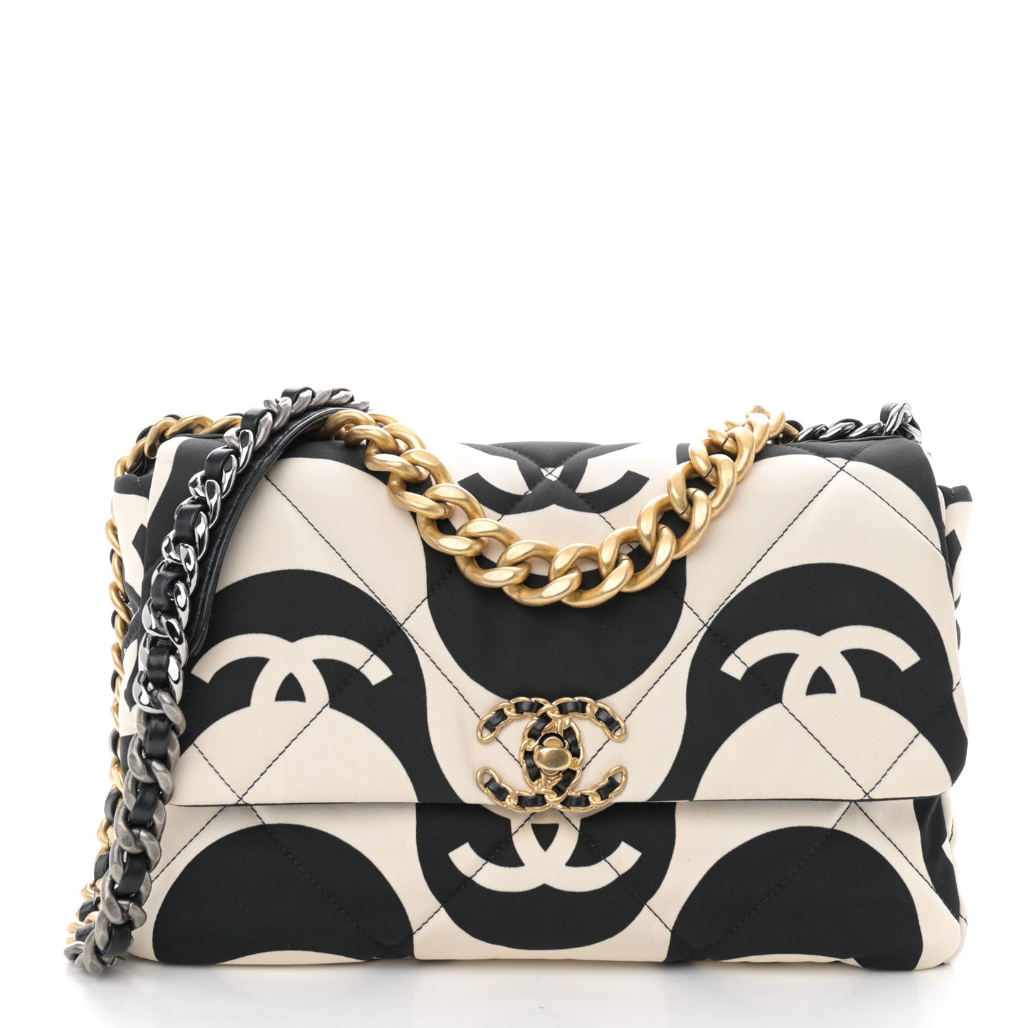 Fabric Printed Large Chanel 19 Flap Black Ecru