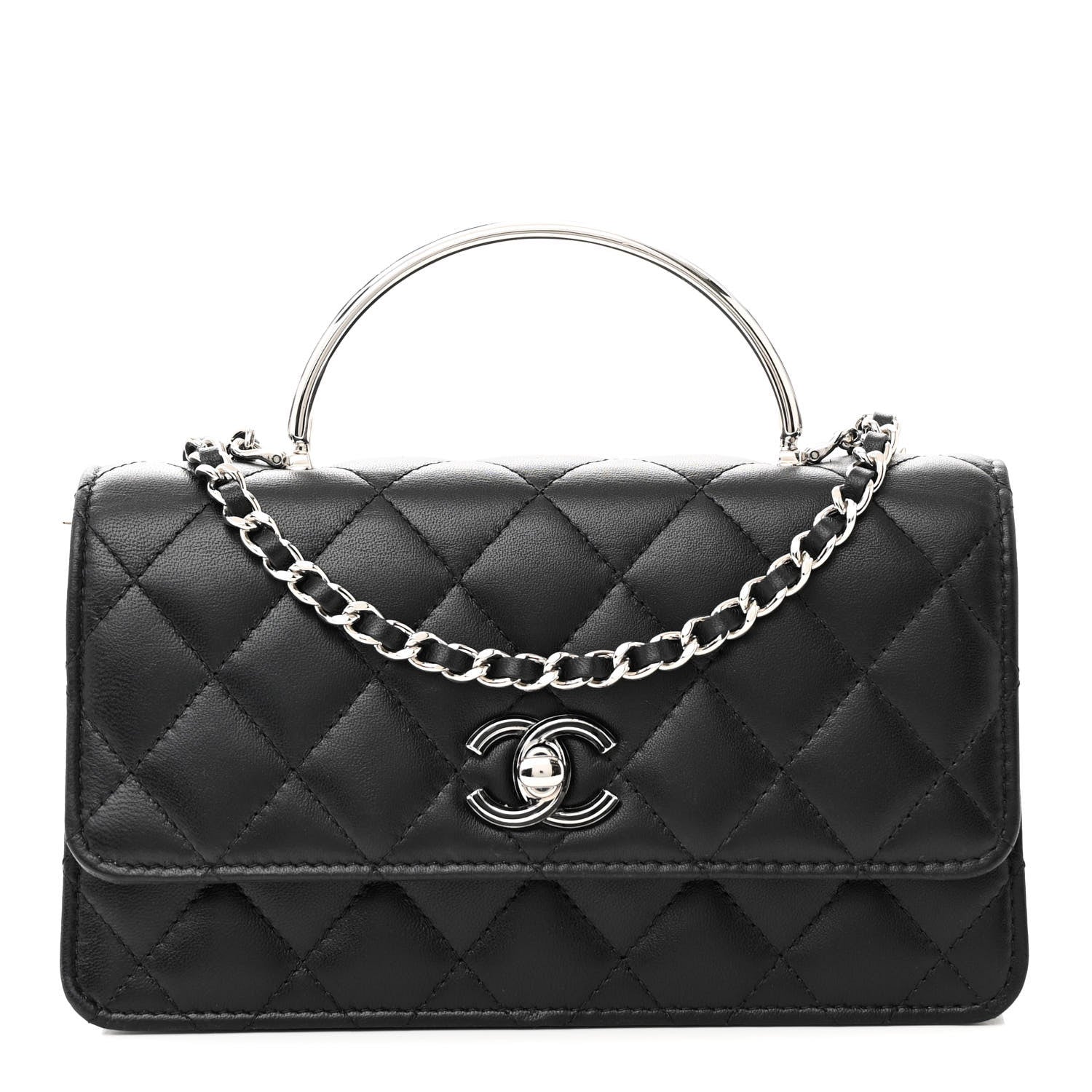 Chanel Lambskin Quilted Metal Top Handle Crossbody Flap Black