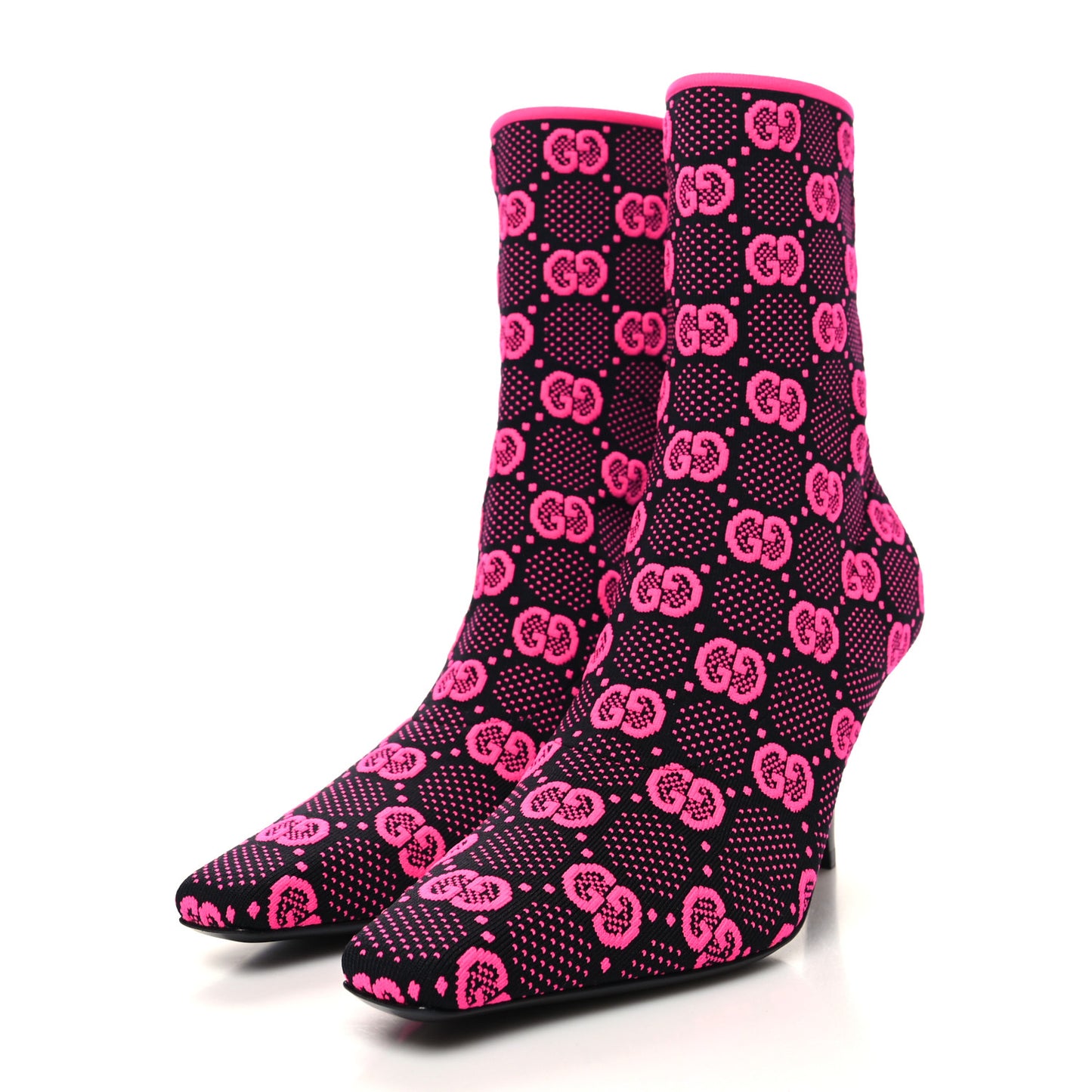 Technical Jersey Knit GG Monogram Square G 75mm Ankle Boots 38 Black Neon Fucsia