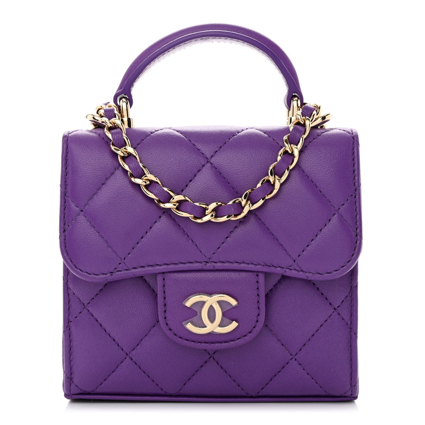 Lambskin Quilted Top Handle Clutch With Chain Purple